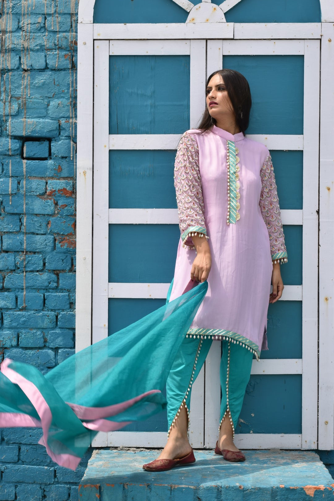 Liliac Kurta, With Blue Pants & Dupatta In Organza Having Peral N Stones Work