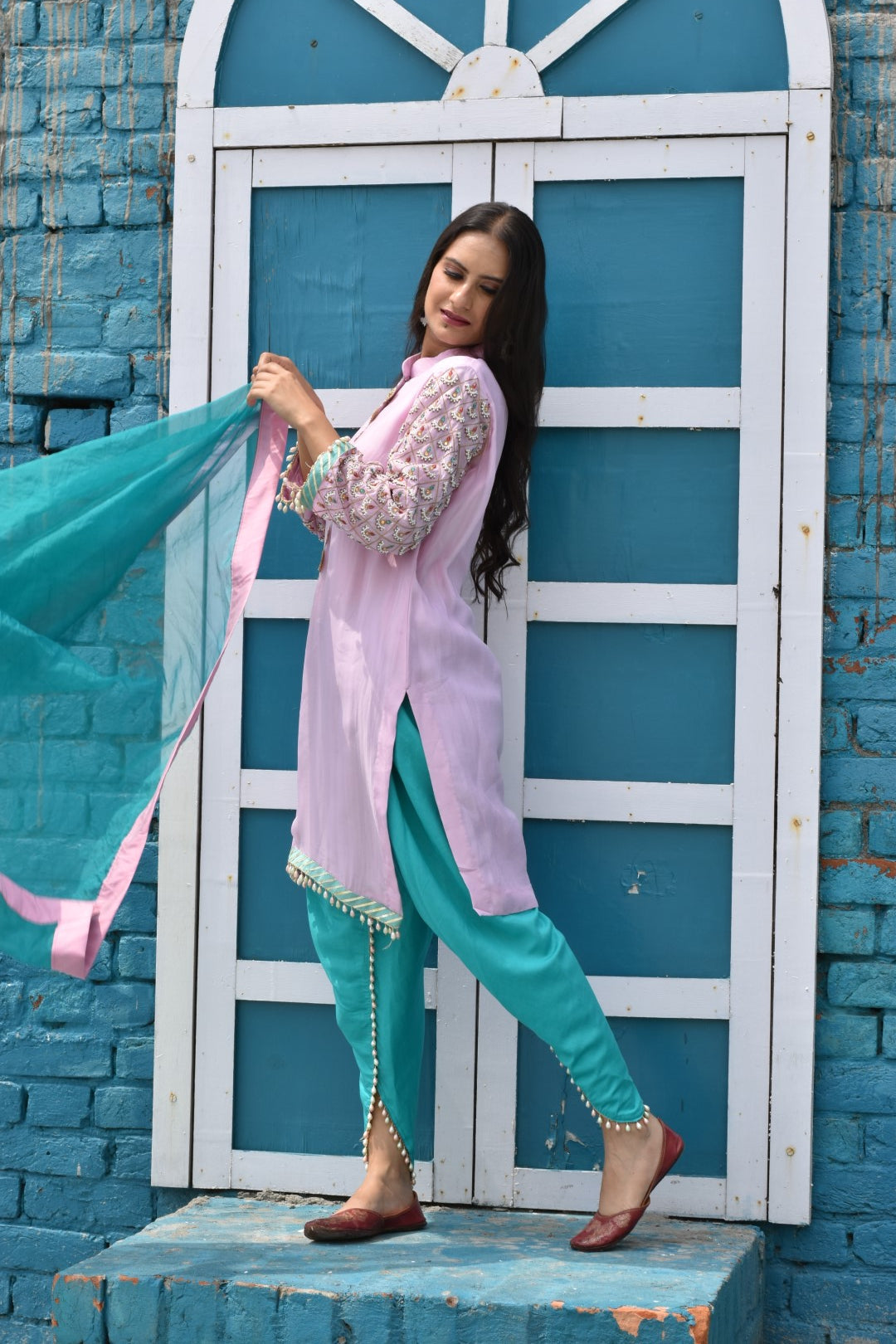 Liliac Kurta, With Blue Pants & Dupatta In Organza Having Peral N Stones Work
