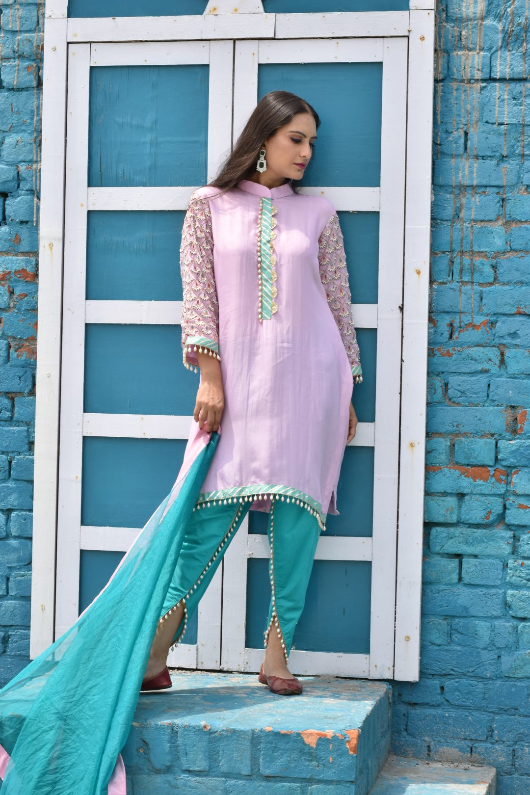 Liliac Kurta, With Blue Pants & Dupatta In Organza Having Peral N Stones Work