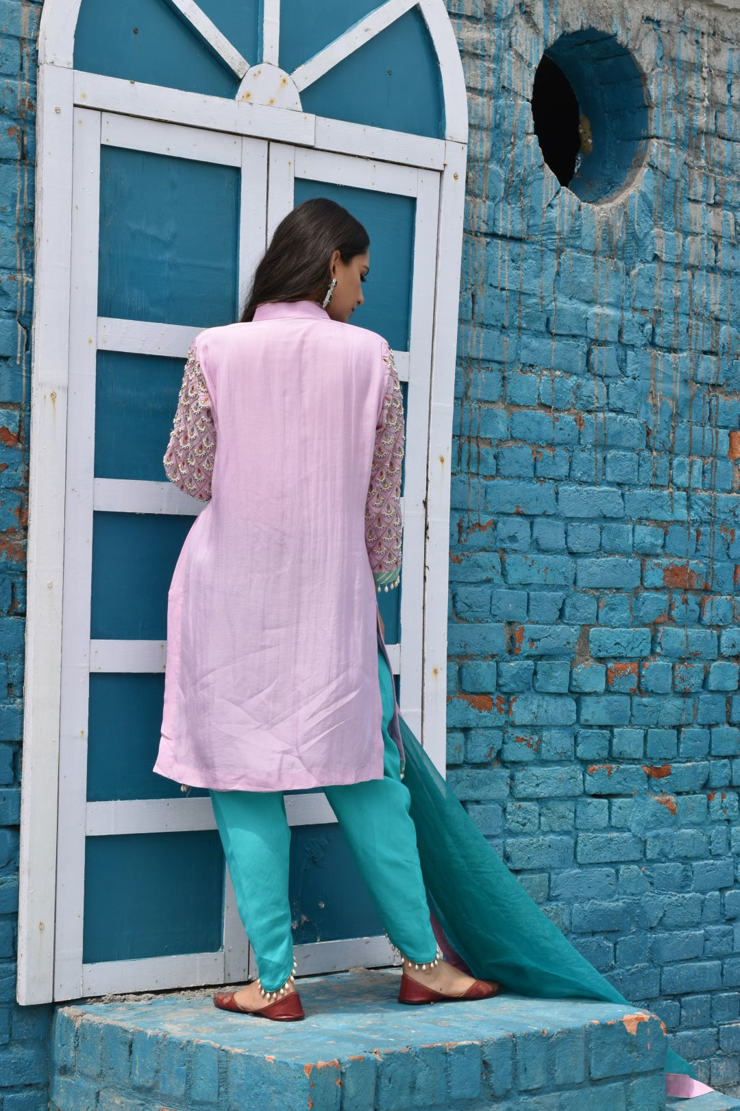 Liliac Kurta, With Blue Pants & Dupatta In Organza Having Peral N Stones Work