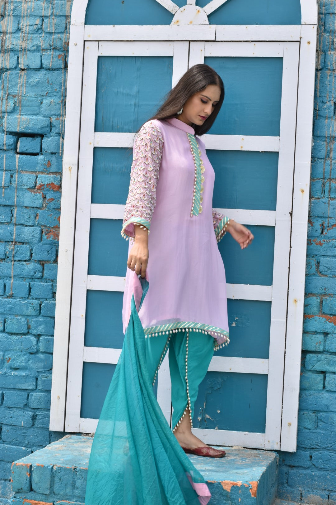 Liliac Kurta, With Blue Pants & Dupatta In Organza Having Peral N Stones Work