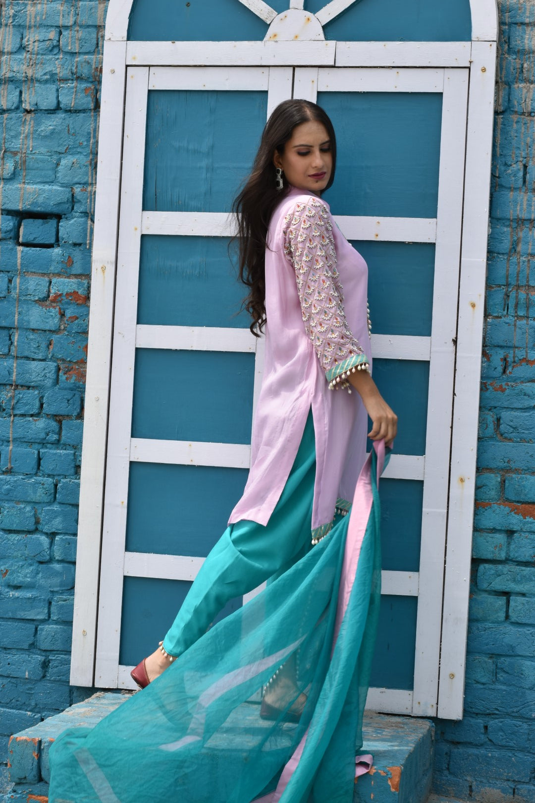 Liliac Kurta, With Blue Pants & Dupatta In Organza Having Peral N Stones Work