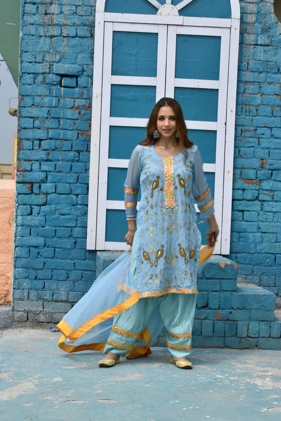 Sky Blue Kurta, Pants & Dupatta In Organza Having Zardozi Work