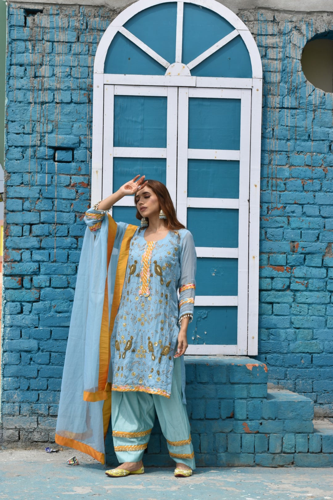 Sky Blue Kurta, Pants & Dupatta In Organza Having Zardozi Work