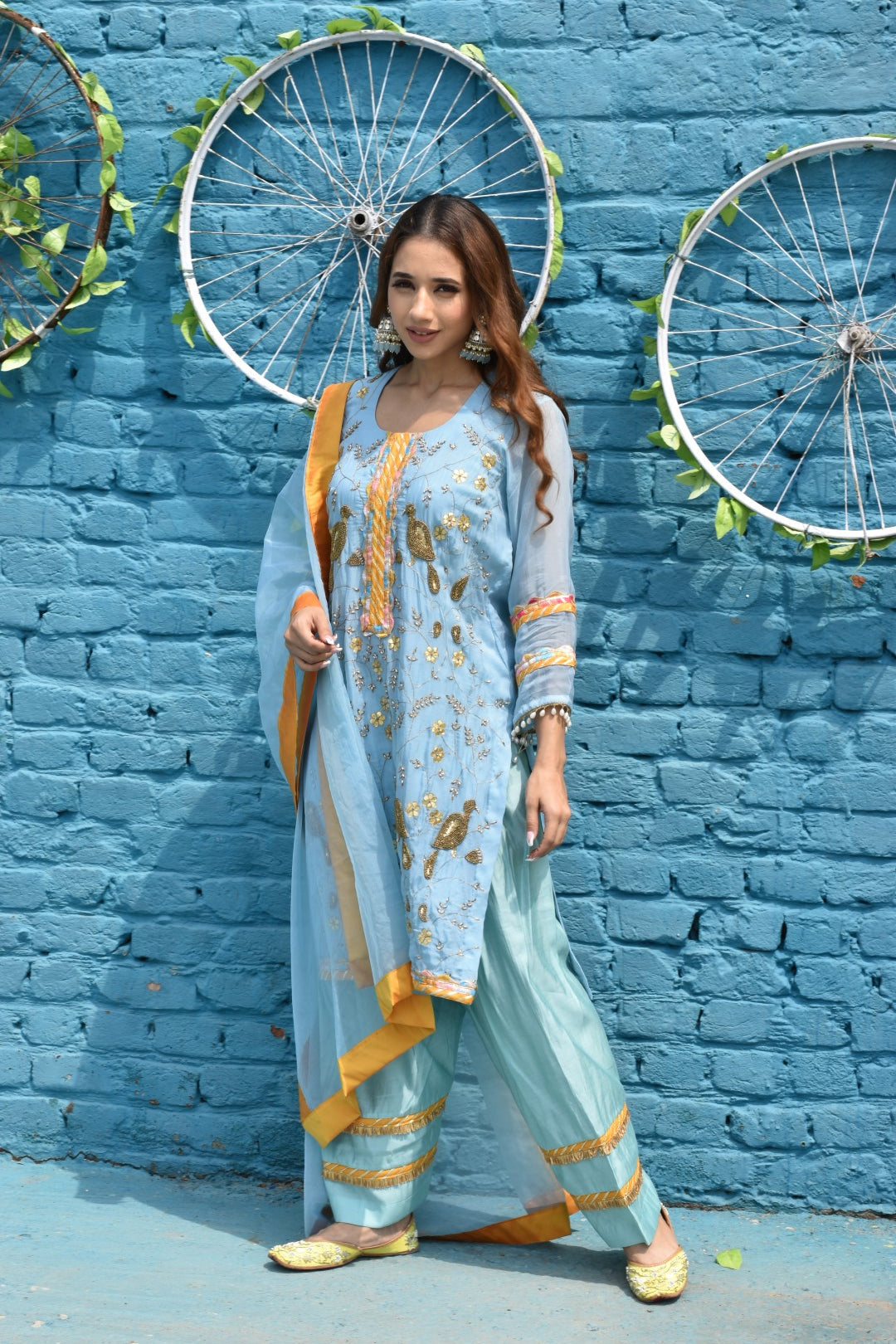 Sky Blue Kurta, Pants & Dupatta In Organza Having Zardozi Work