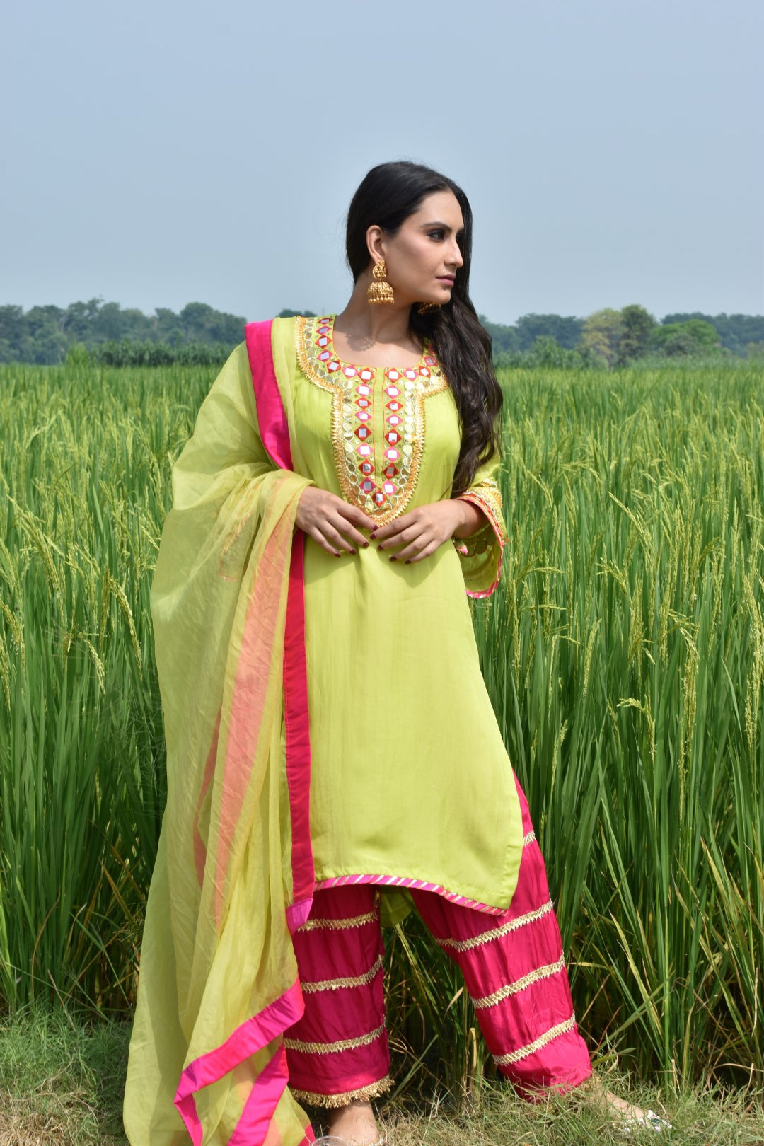 Green Kurta, Pink Pants & Matching Green Dupatta In Organza Having Gotta Work
