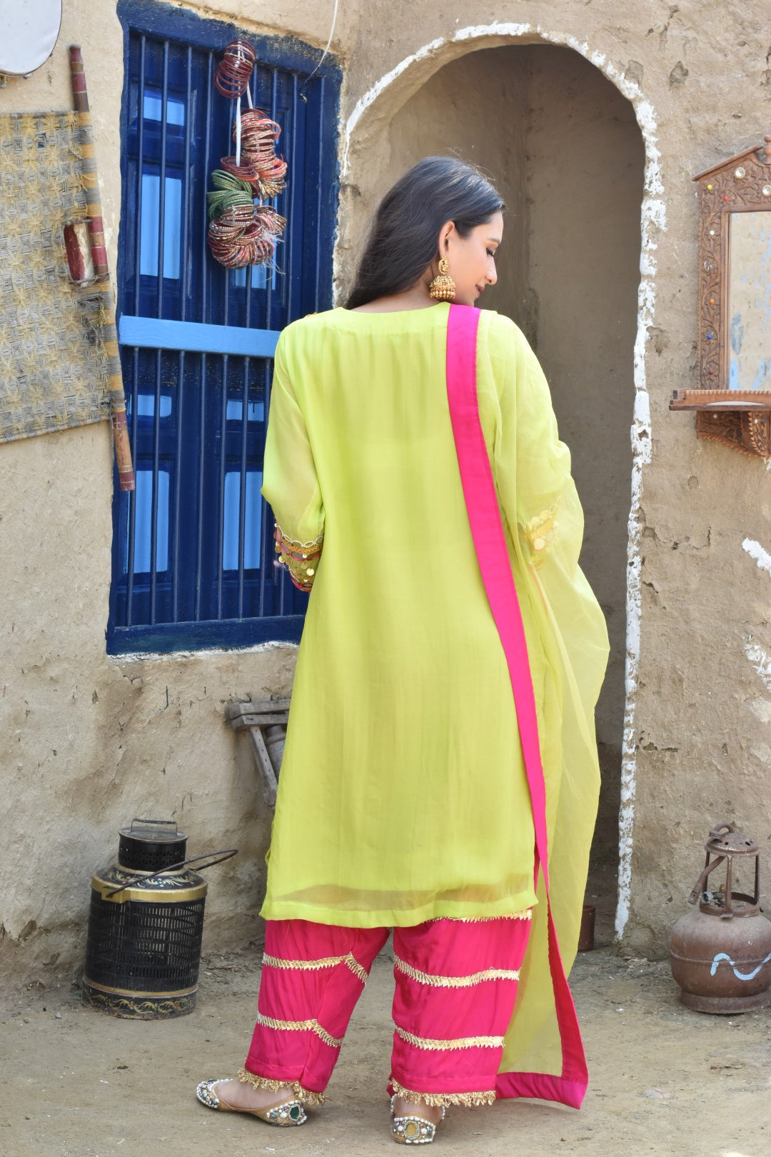 Green Kurta, Pink Pants & Matching Green Dupatta In Organza Having Gotta Work