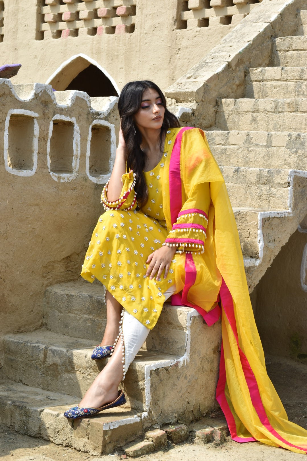 Yellow Kurta With Matching Dupatta & White Pants In Organza Having Gotta Work