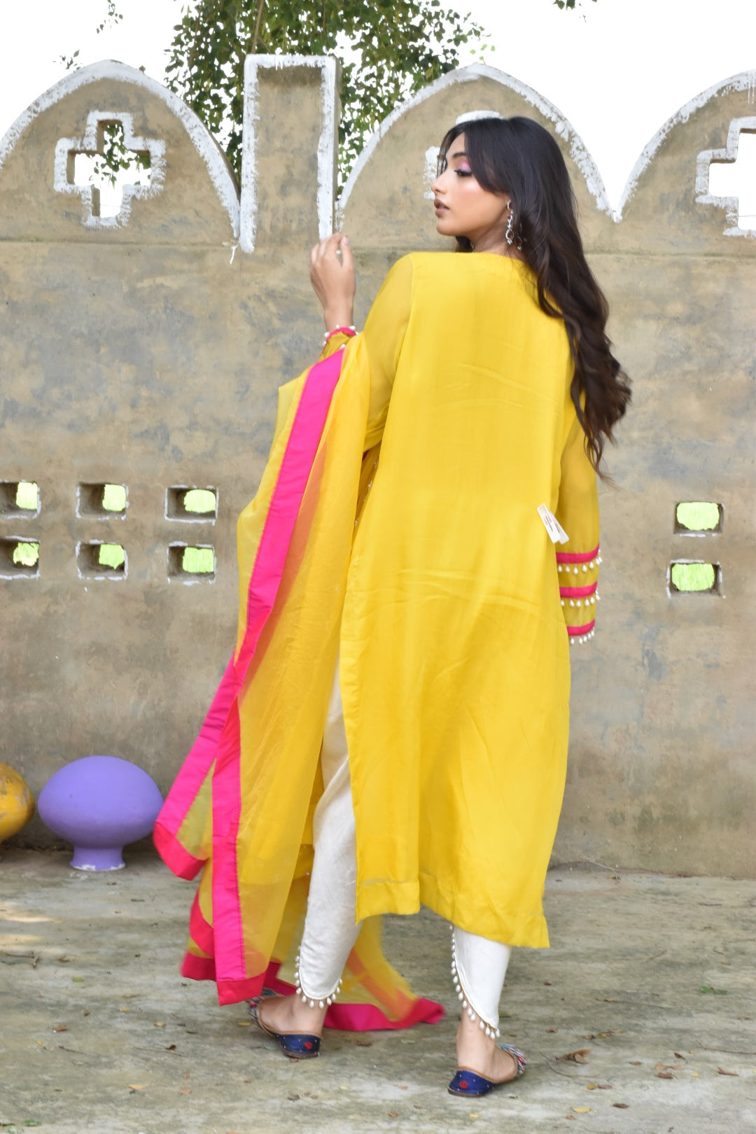 Yellow Kurta With Matching Dupatta & White Pants In Organza Having Gotta Work