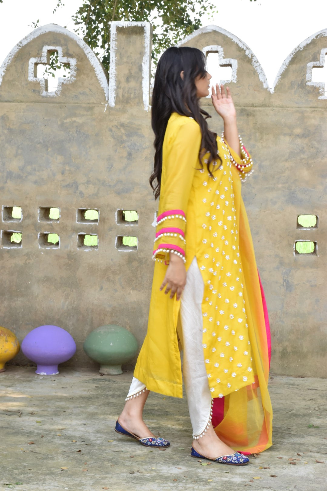 Yellow Kurta With Matching Dupatta & White Pants In Organza Having Gotta Work