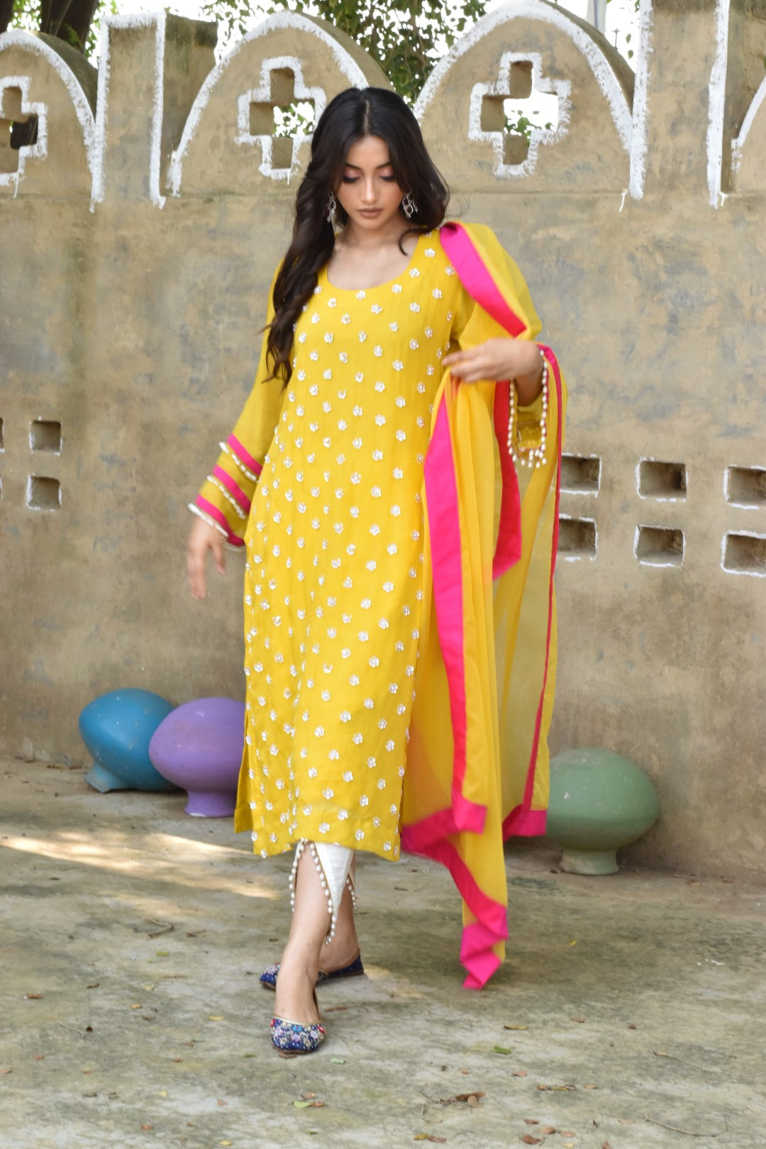 Yellow Kurta With Matching Dupatta & White Pants In Organza Having Gotta Work