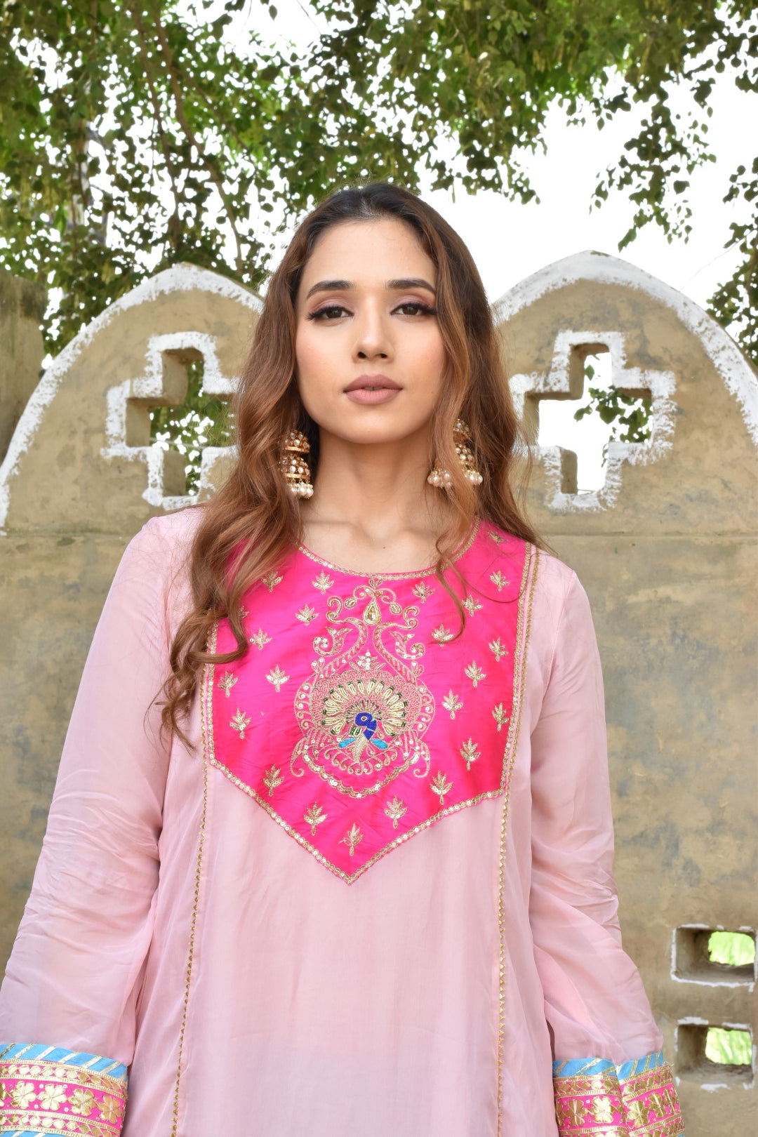 Pink Kurta With Intricate Embroidery, Blue Pants & Dupatta In Organza