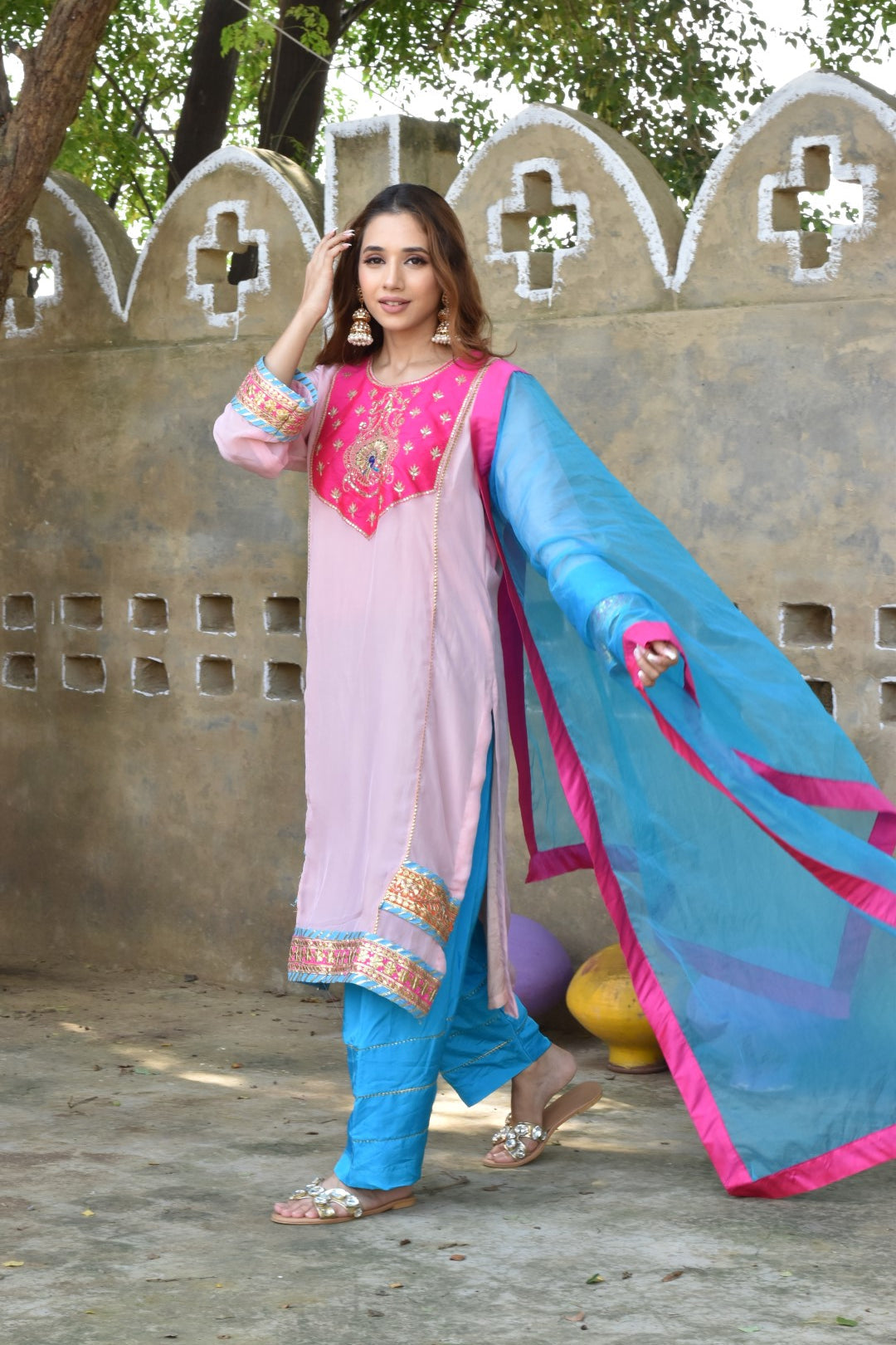 Pink Kurta With Intricate Embroidery, Blue Pants & Dupatta In Organza