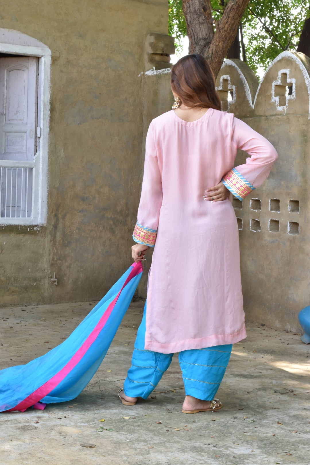 Pink Kurta With Intricate Embroidery, Blue Pants & Dupatta In Organza