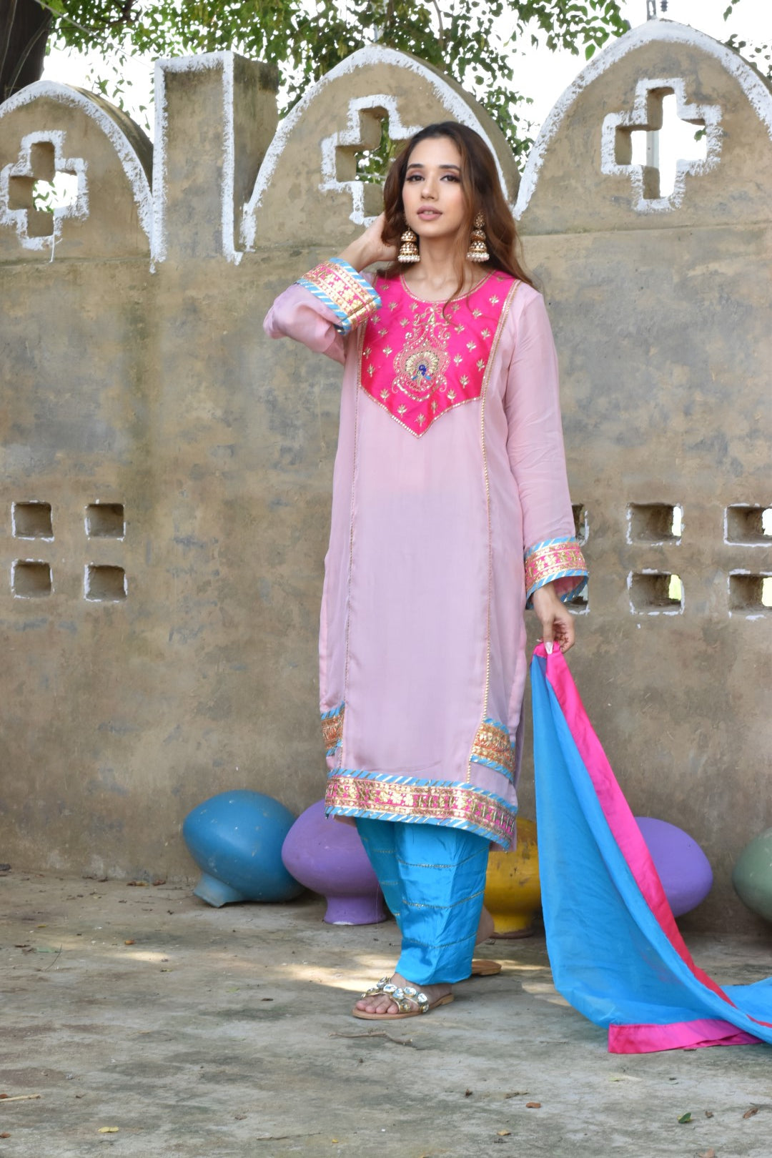 Pink Kurta With Intricate Embroidery, Blue Pants & Dupatta In Organza