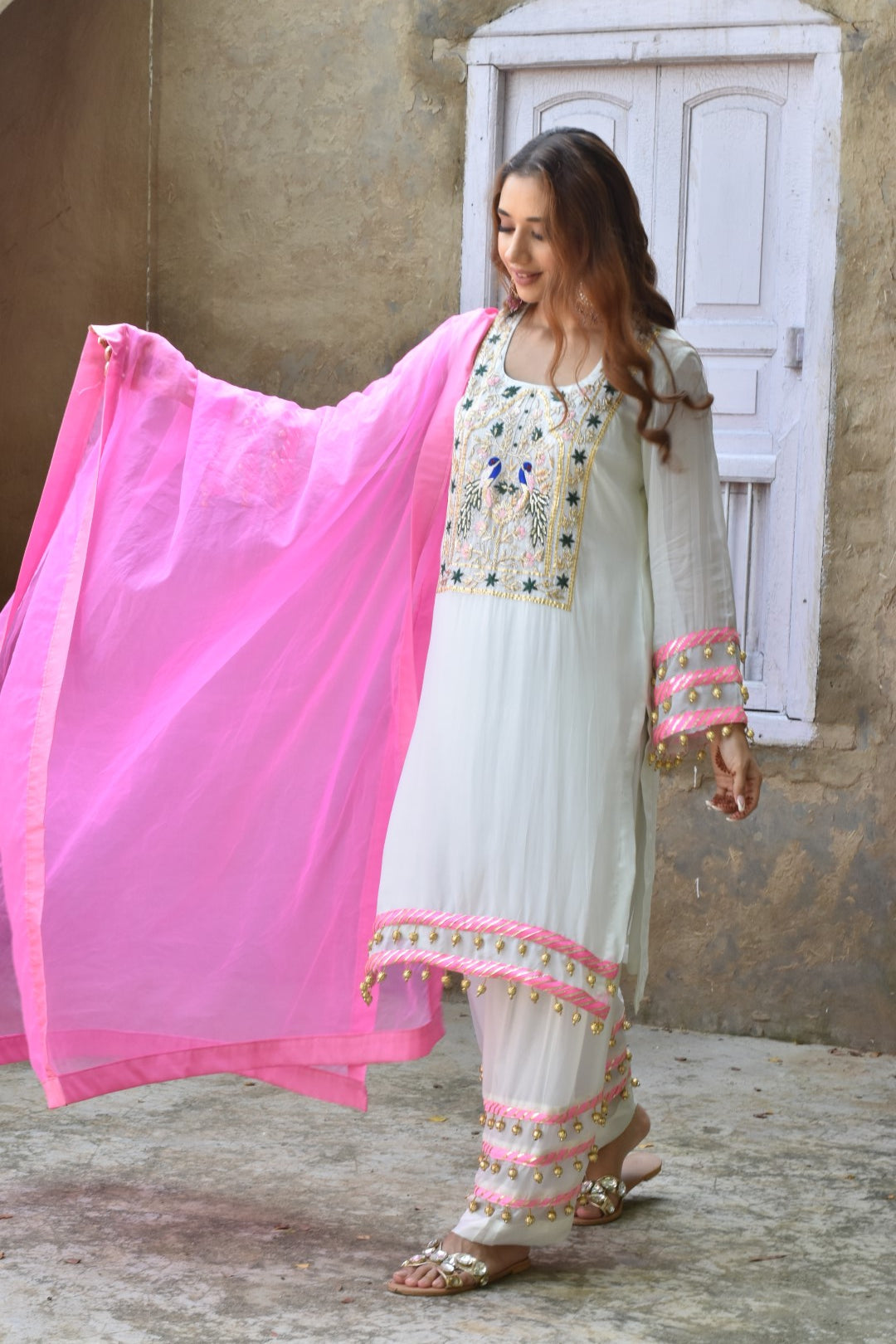 White Kurta, Pants & Baby Pink Dupatta In Organza Having Gota Work