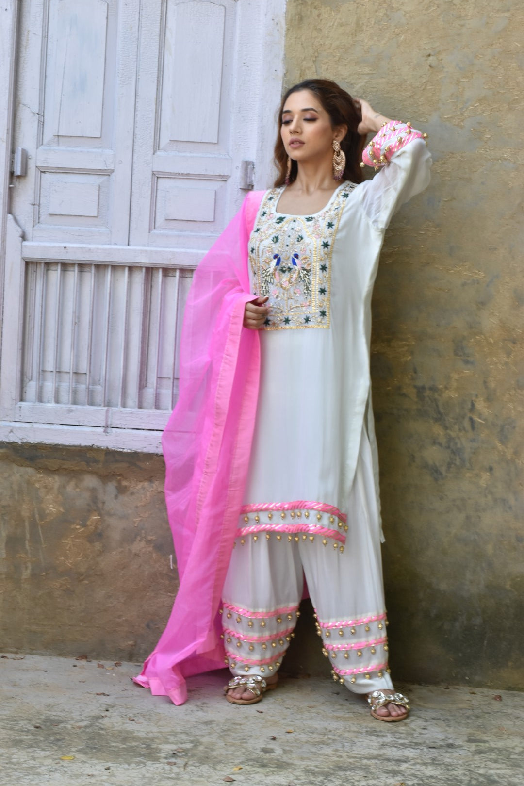 white dress with pink dupatta White Sequence Work Gharara Suit With Pink Dupatta XL-42