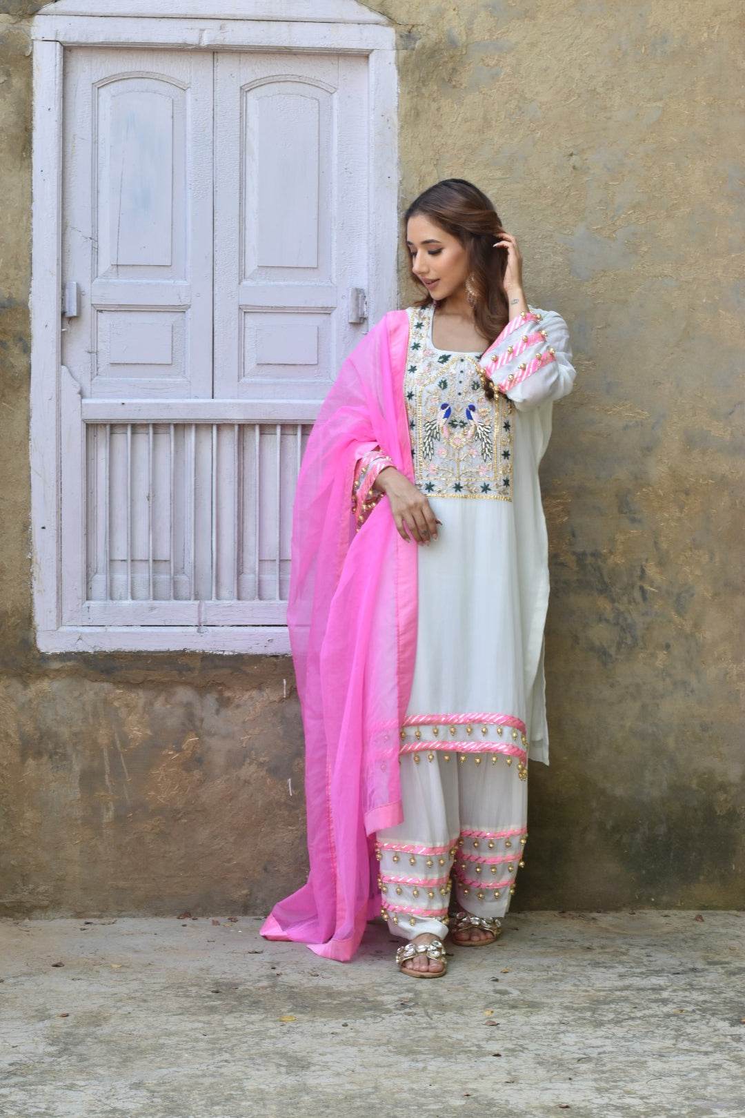 White Kurta, Pants & Baby Pink Dupatta In Organza Having Gota Work