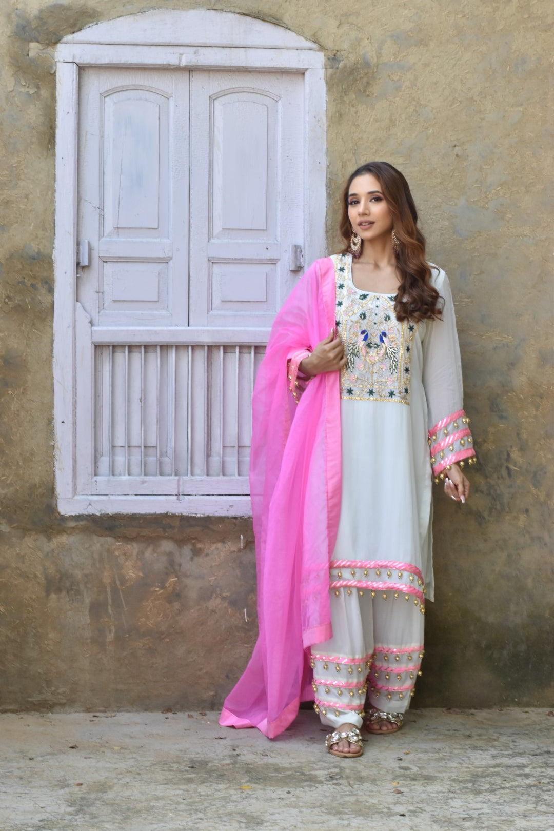 White Kurta, Pants & Baby Pink Dupatta In Organza Having Gota Work