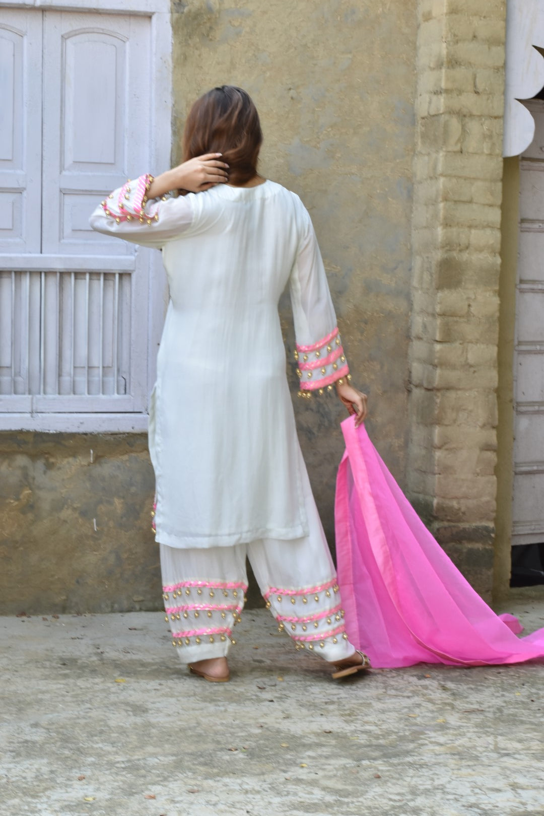 White Kurta, Pants & Baby Pink Dupatta In Organza Having Gota Work