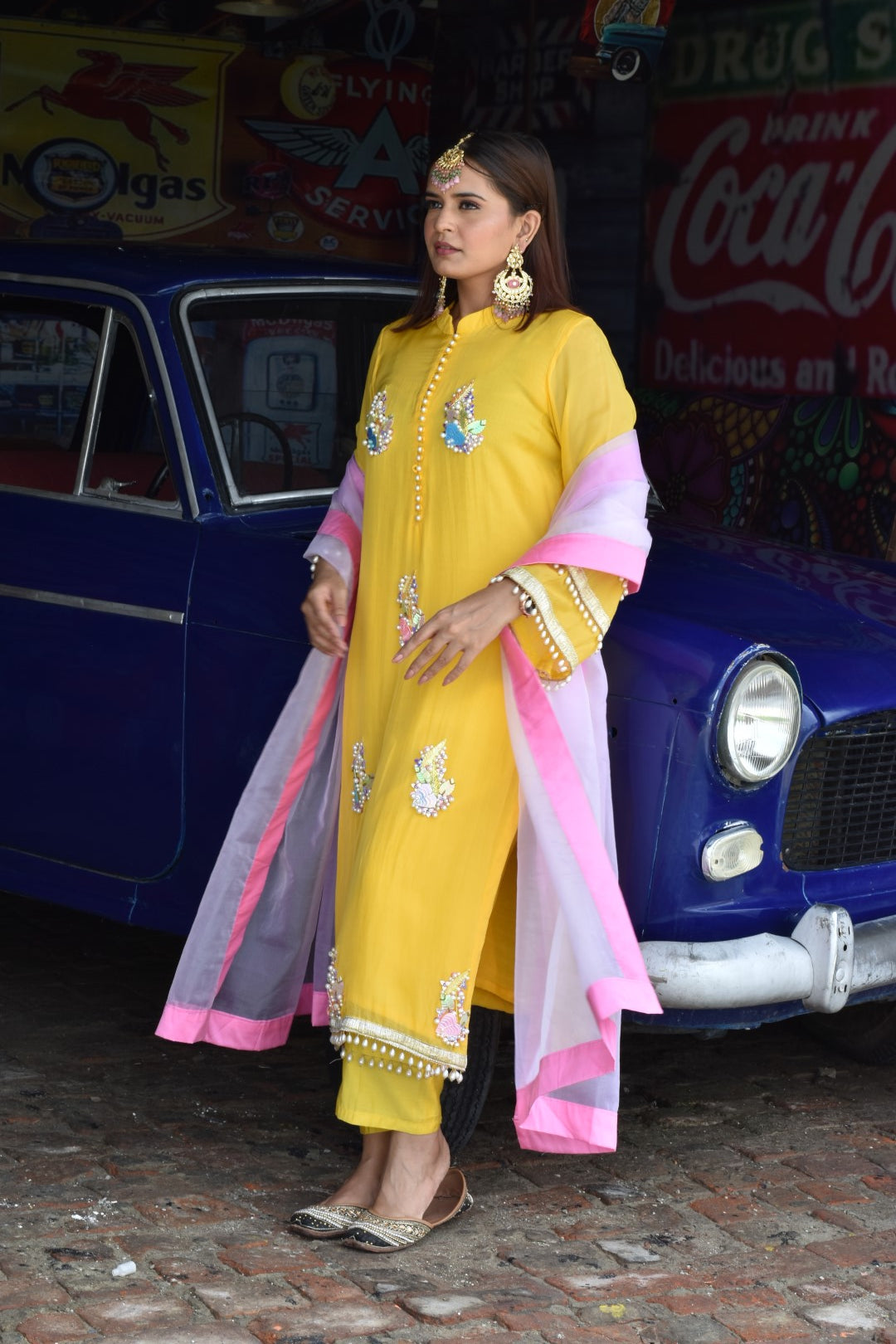 Yellow Kurta, Pants & With Pink Dupatta In Organza Having Gotta Work
