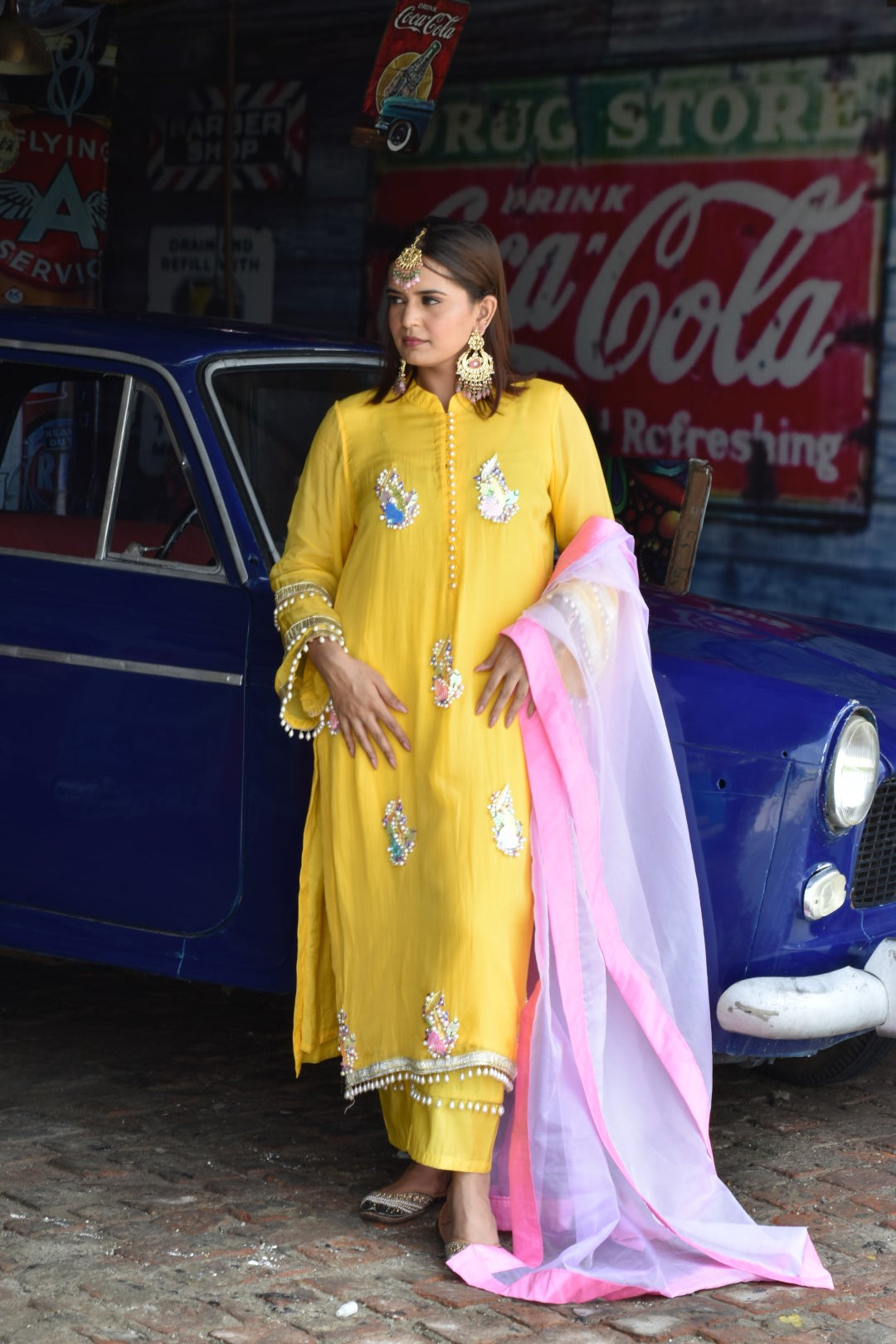 Yellow Kurta, Pants & With Pink Dupatta In Organza Having Gotta Work