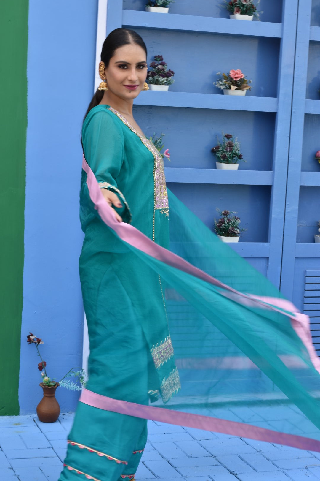 Teal Kurta, Pants & Dupatta In Organza Having Gota Work
