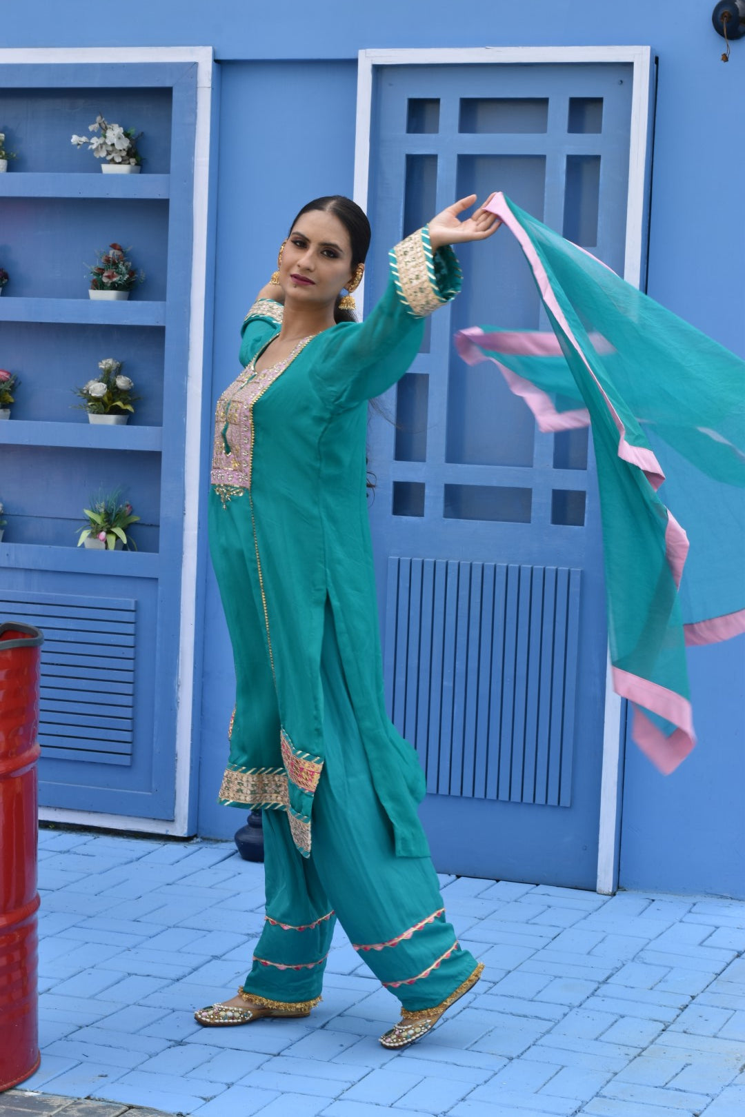 Teal Kurta, Pants & Dupatta In Organza Having Gota Work