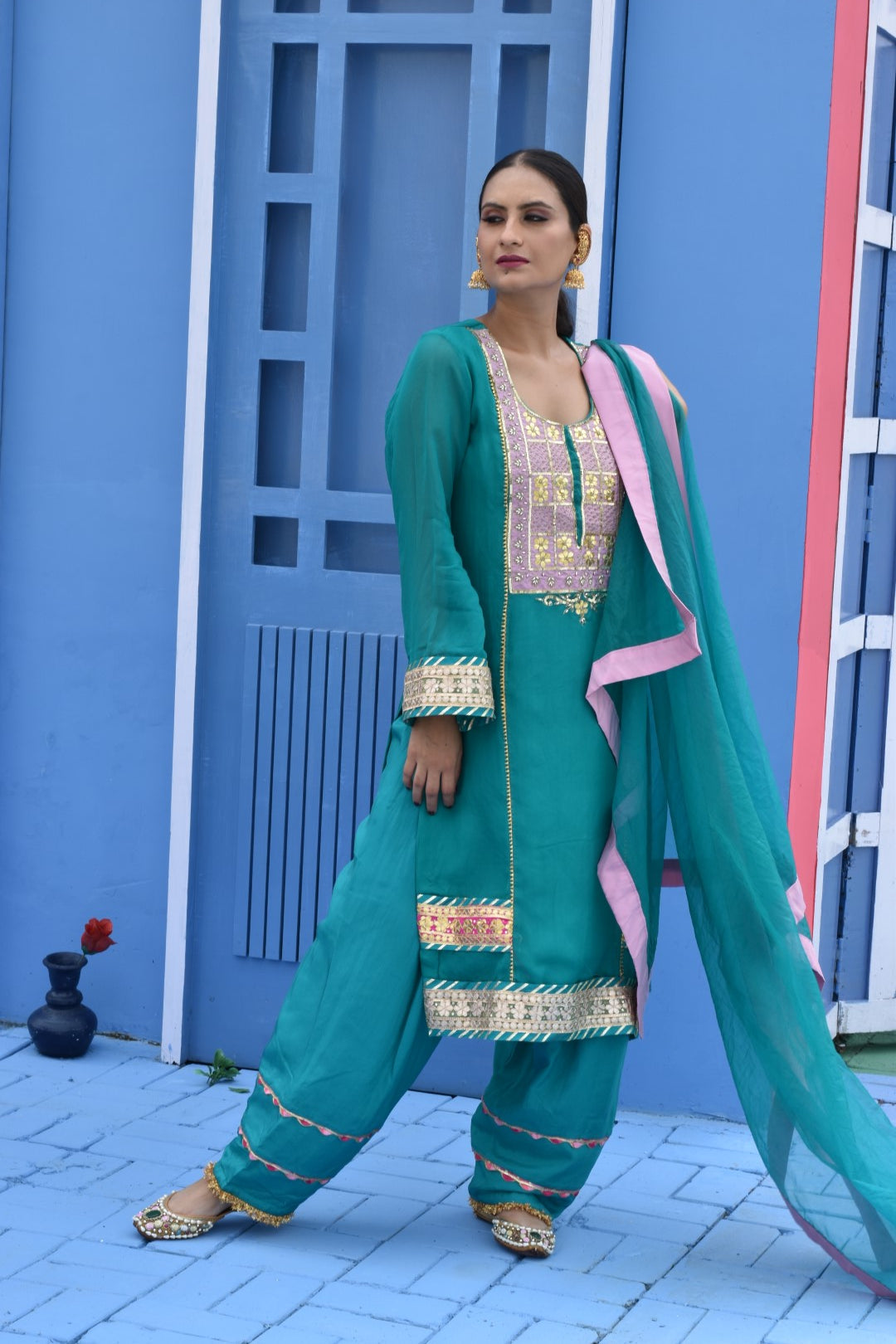 Teal Kurta, Pants & Dupatta In Organza Having Gota Work