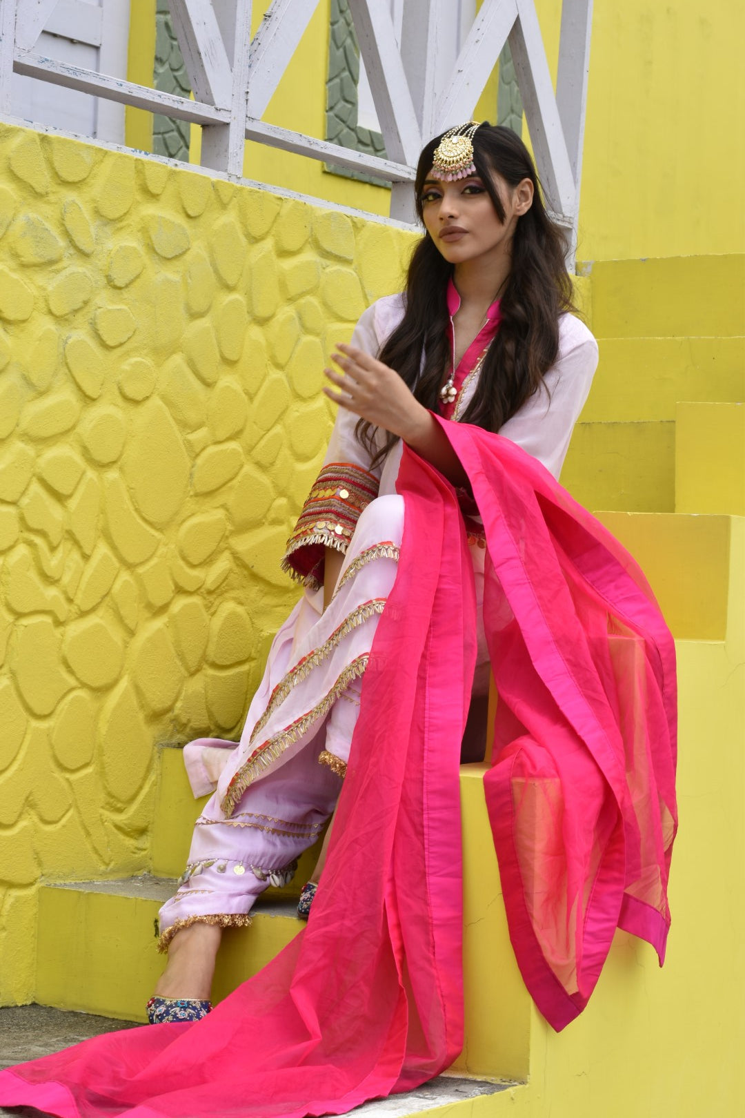 Pink Kurta, Pants & Dupatta In Organza Having Gotta Work