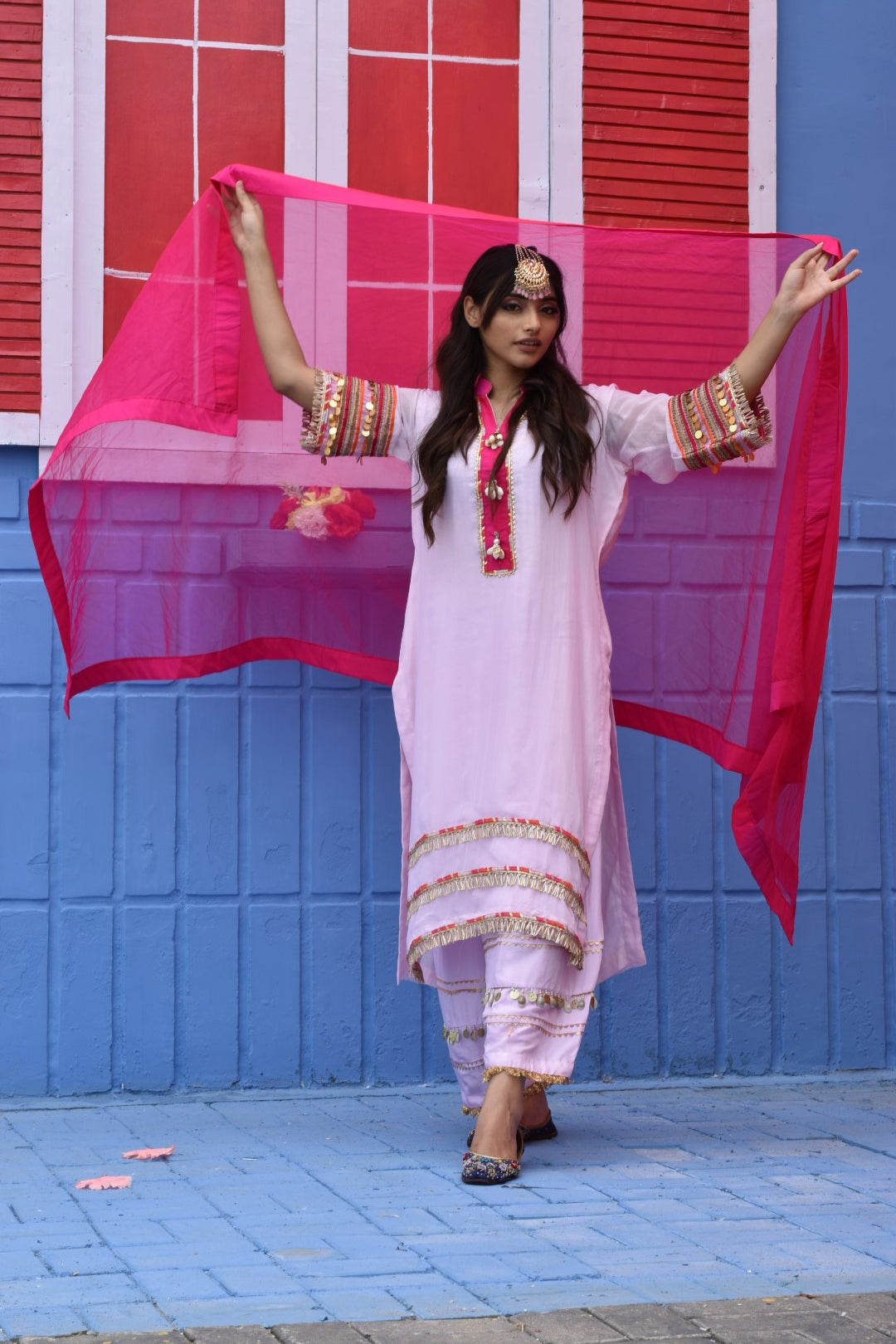 Pink Kurta, Pants & Dupatta In Organza Having Gotta Work