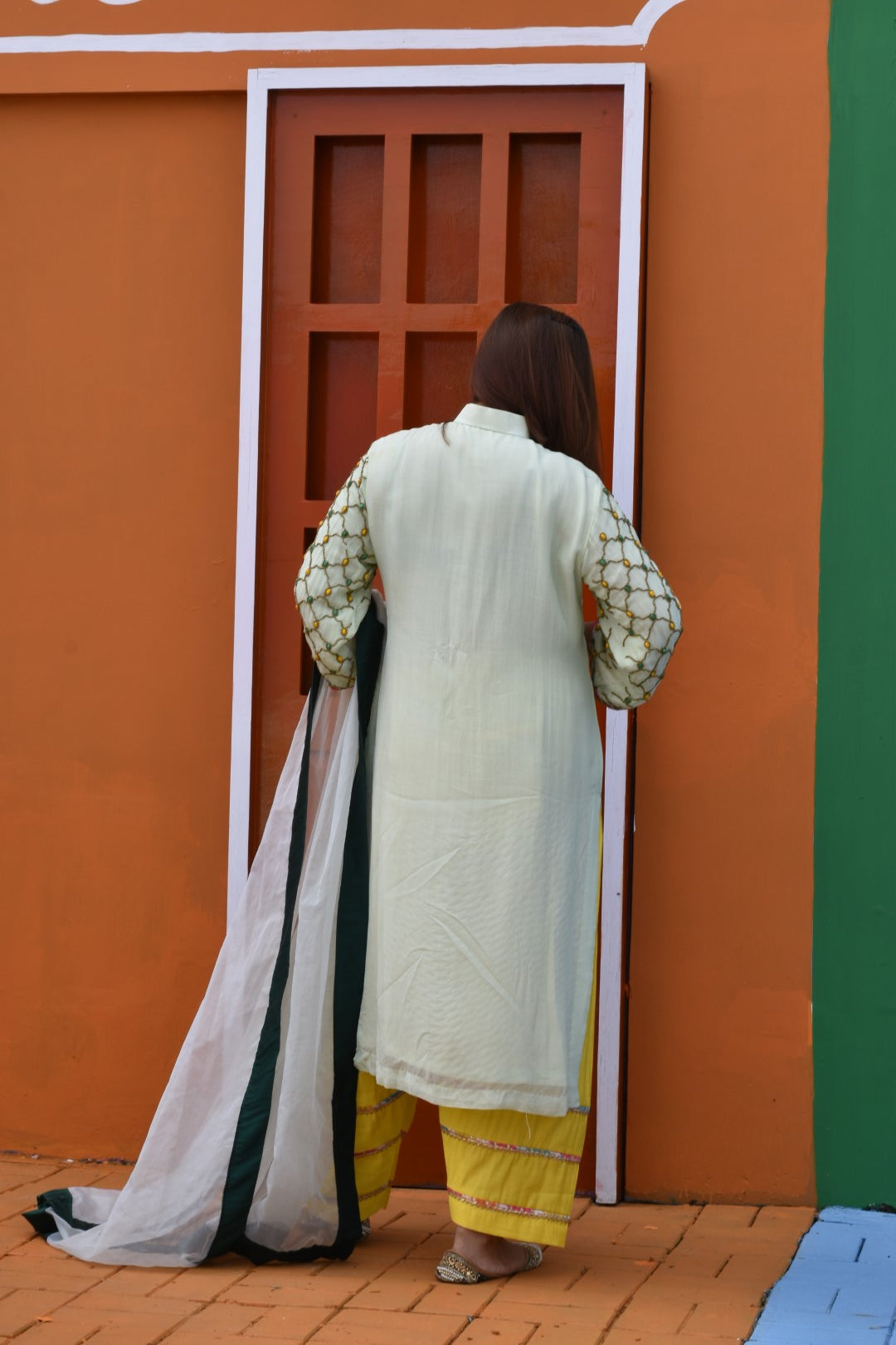 Green Kurta & Dupatta With Yellow Trousers Having Stone & Bead Work