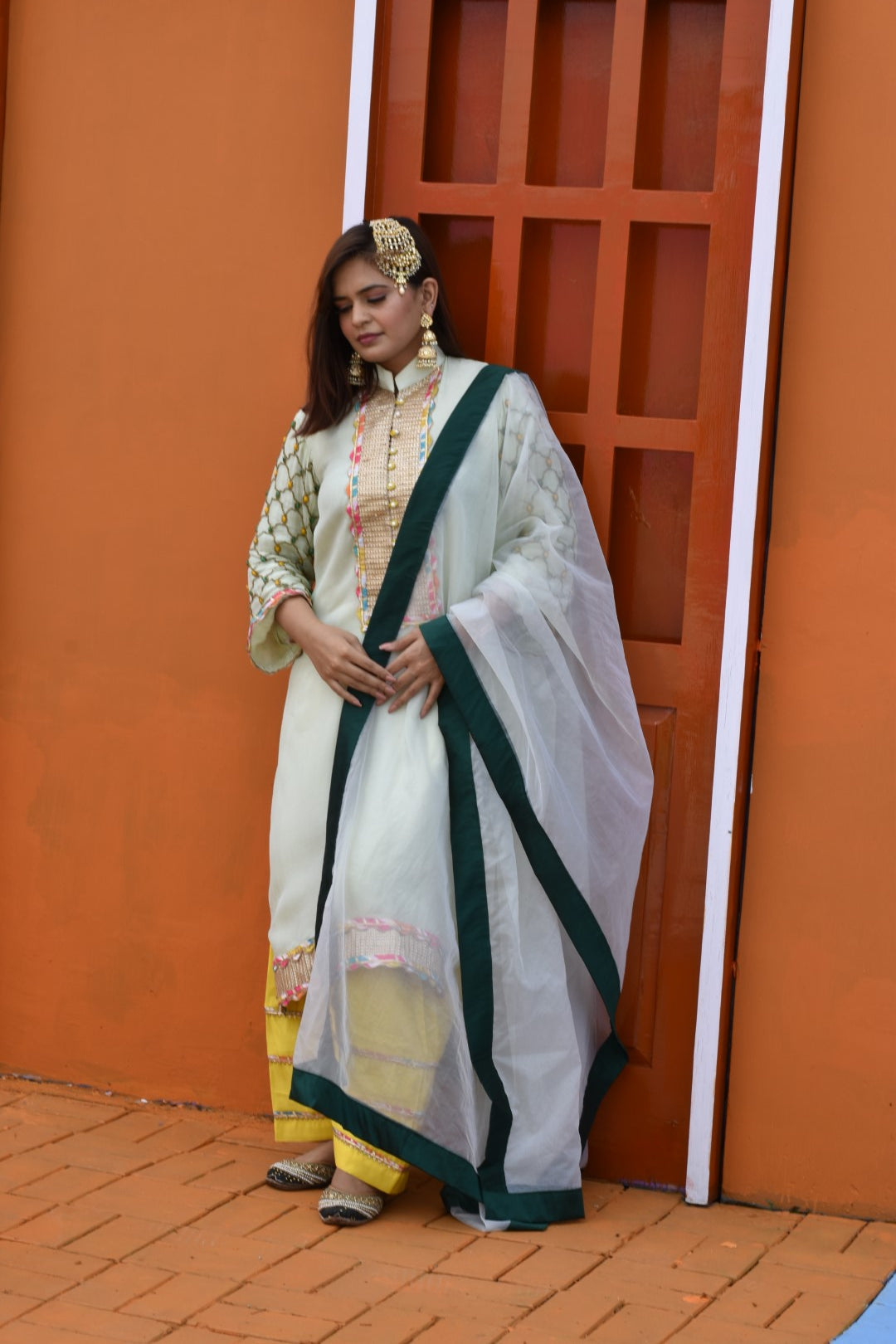Green Kurta & Dupatta With Yellow Trousers Having Stone & Bead Work