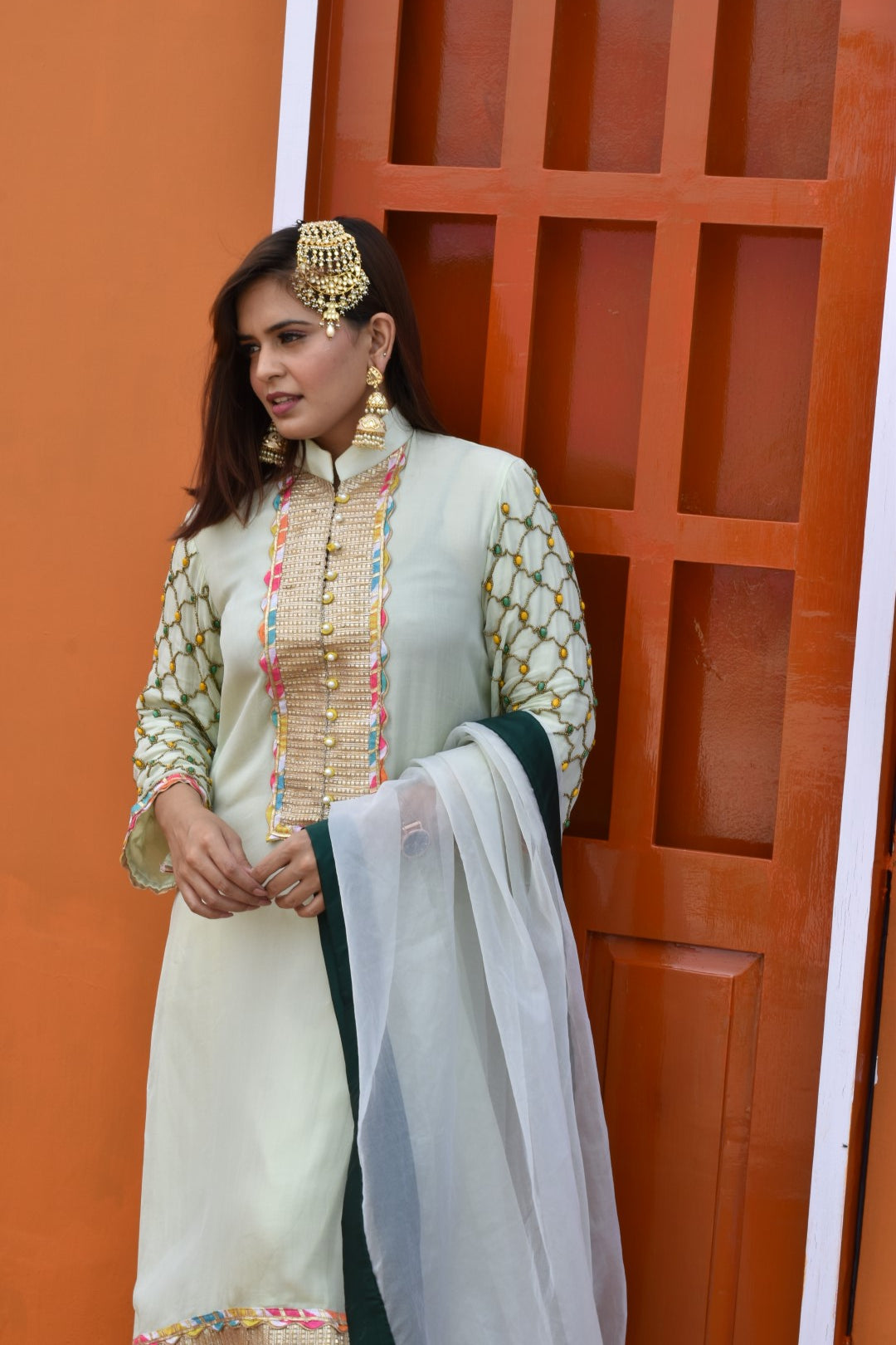 Green Kurta & Dupatta With Yellow Trousers Having Stone & Bead Work