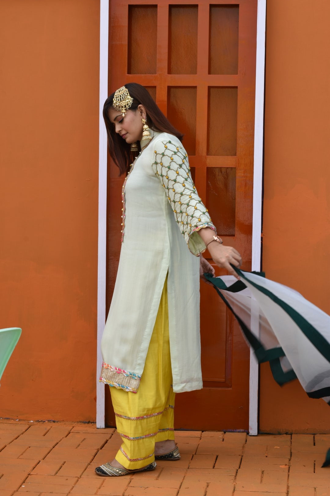 Green Kurta & Dupatta With Yellow Trousers Having Stone & Bead Work