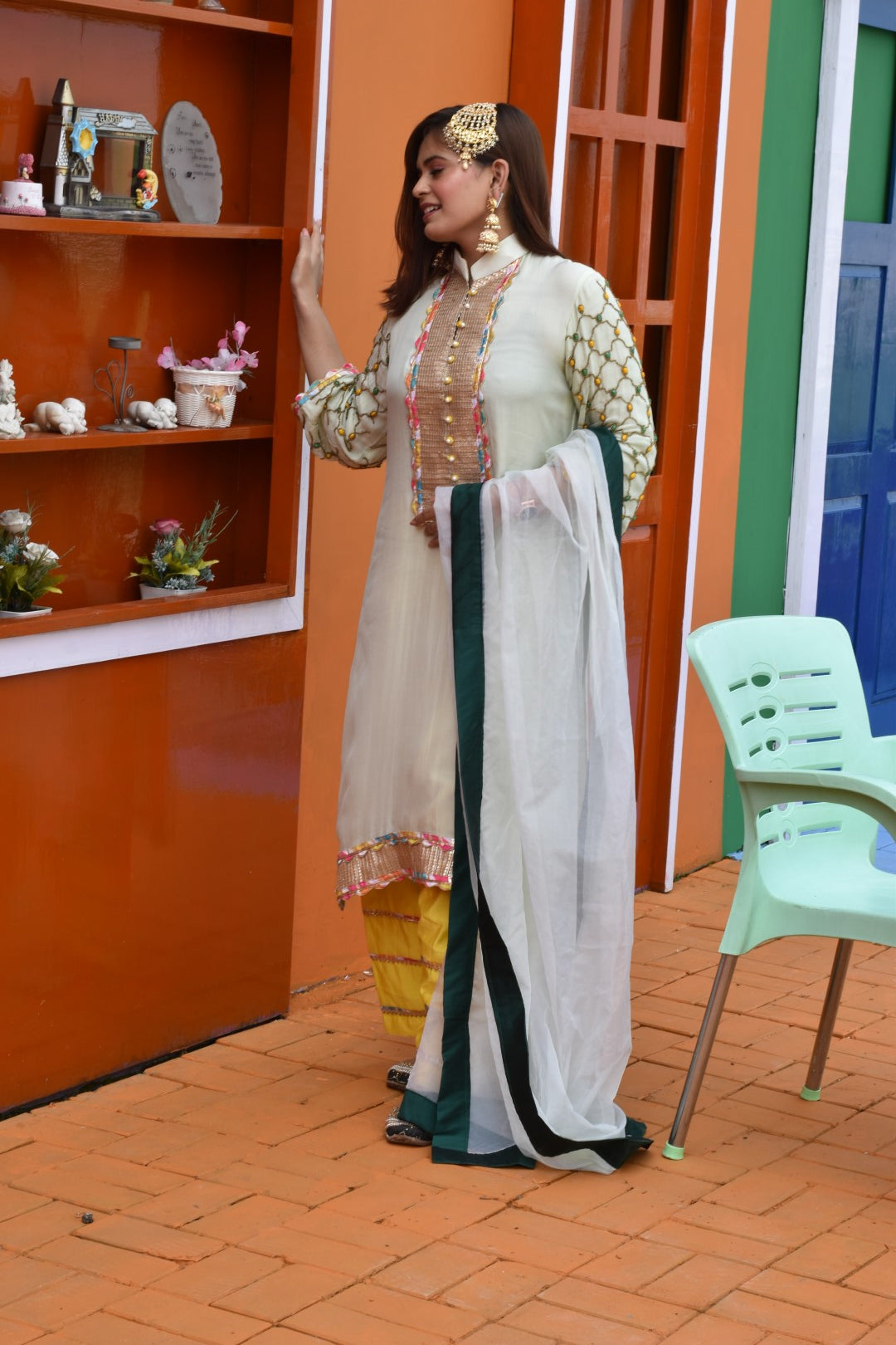 Green Kurta & Dupatta With Yellow Trousers Having Stone & Bead Work
