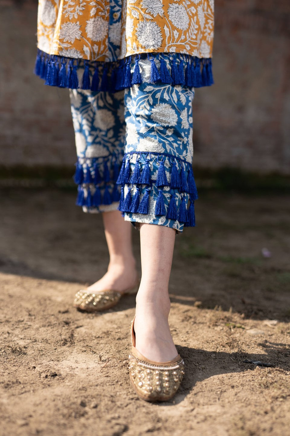 Mustard & Blue Floral Print Kurta Set