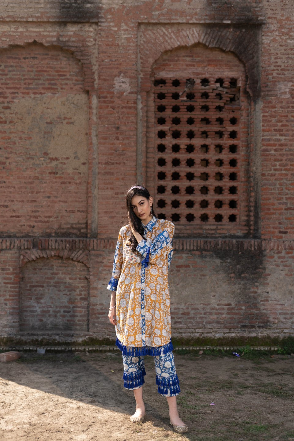 Mustard & Blue Floral Print Kurta Set