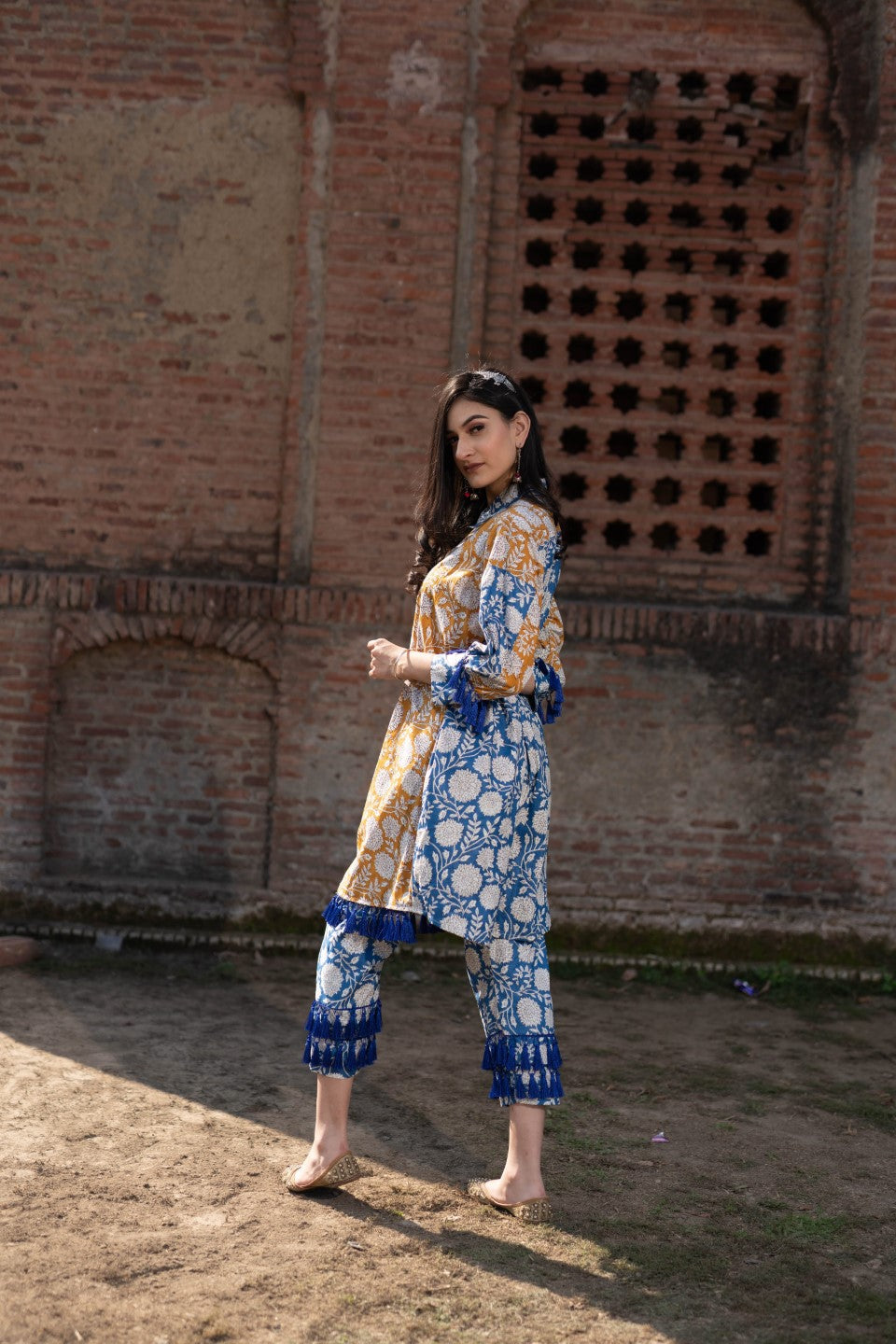 Mustard & Blue Floral Print Kurta Set