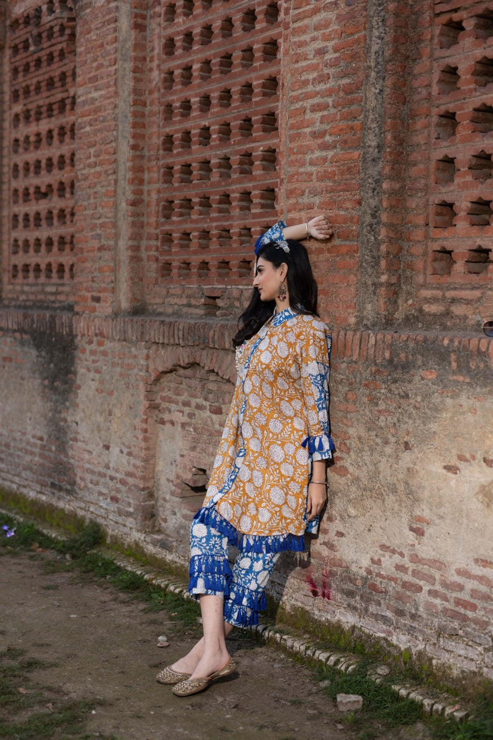 Mustard & Blue Floral Print Kurta Set