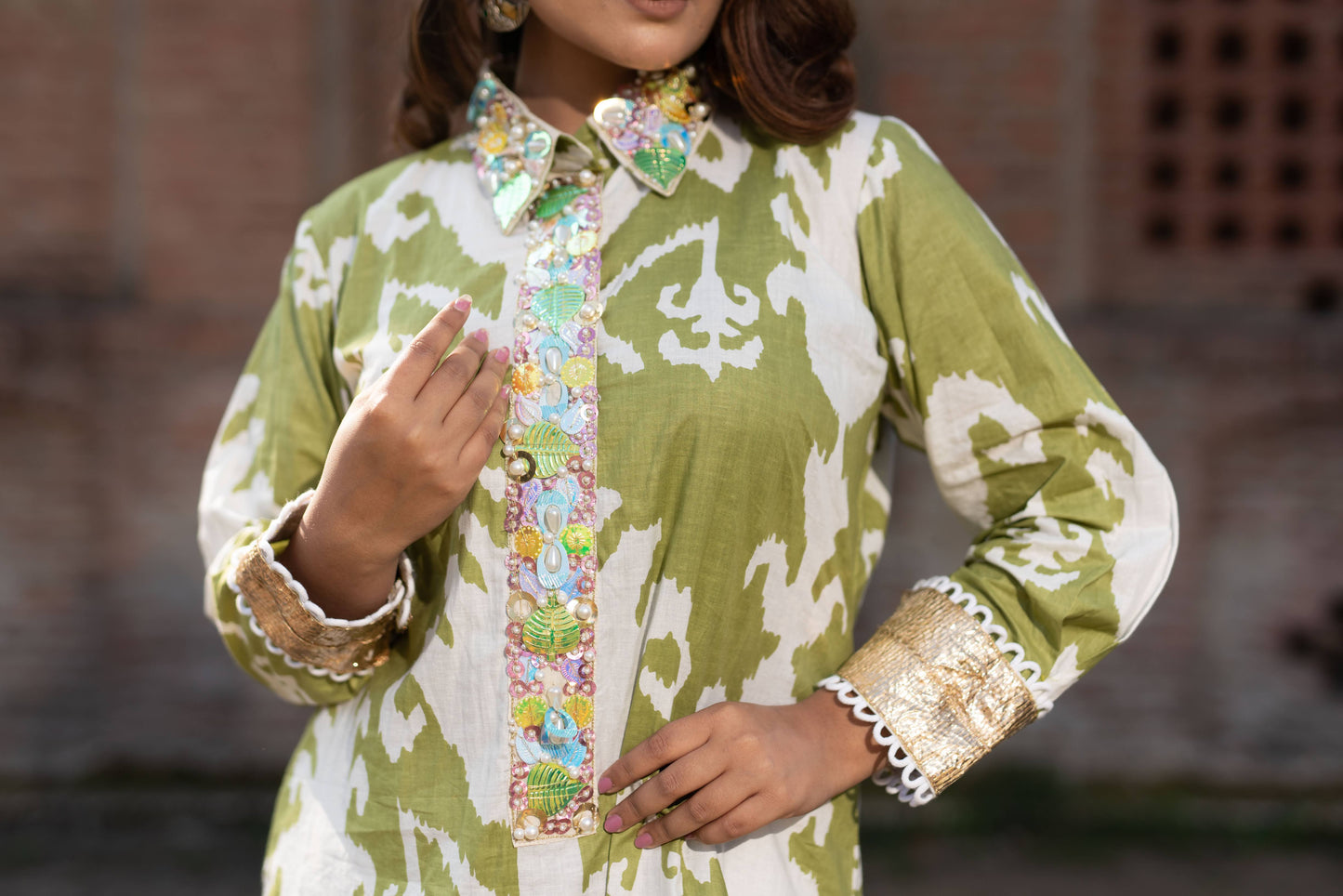 Ikat Print In Green & Ivory Kurta