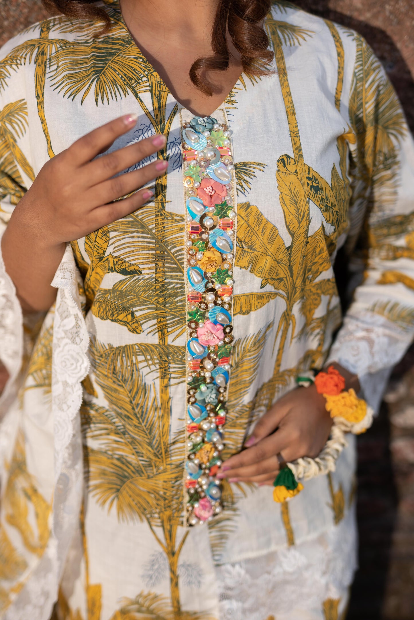 Tropical Print In Yellow Ivory Kurta