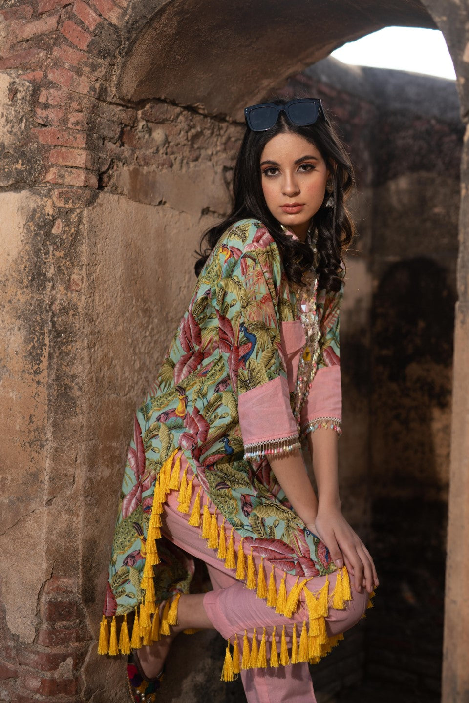 Tropical Print In Yellow/Pink Kurta Set