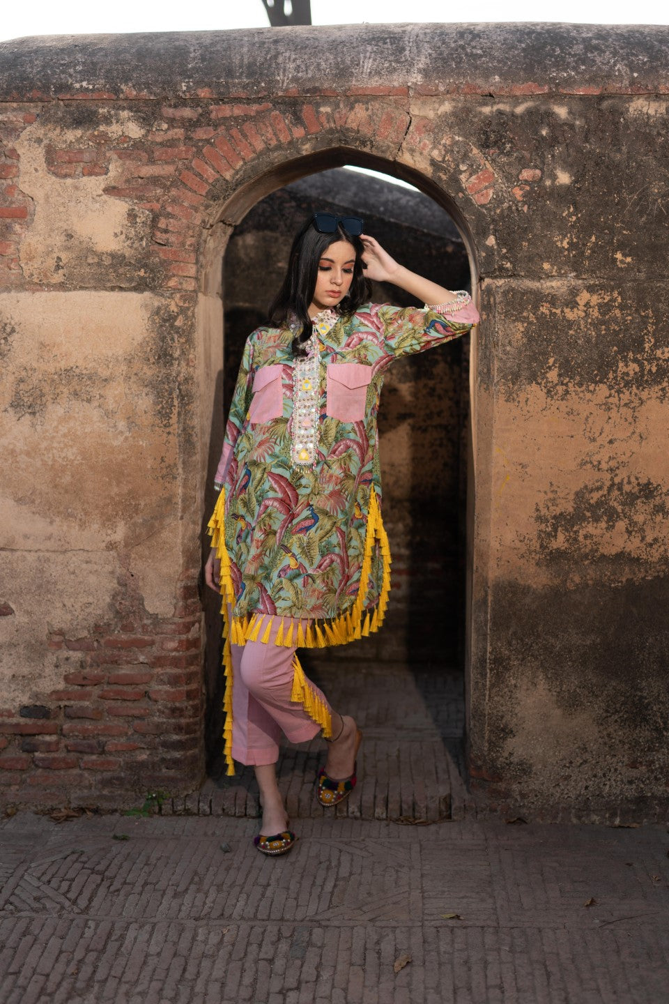 Tropical Print In Yellow/Pink Kurta Set