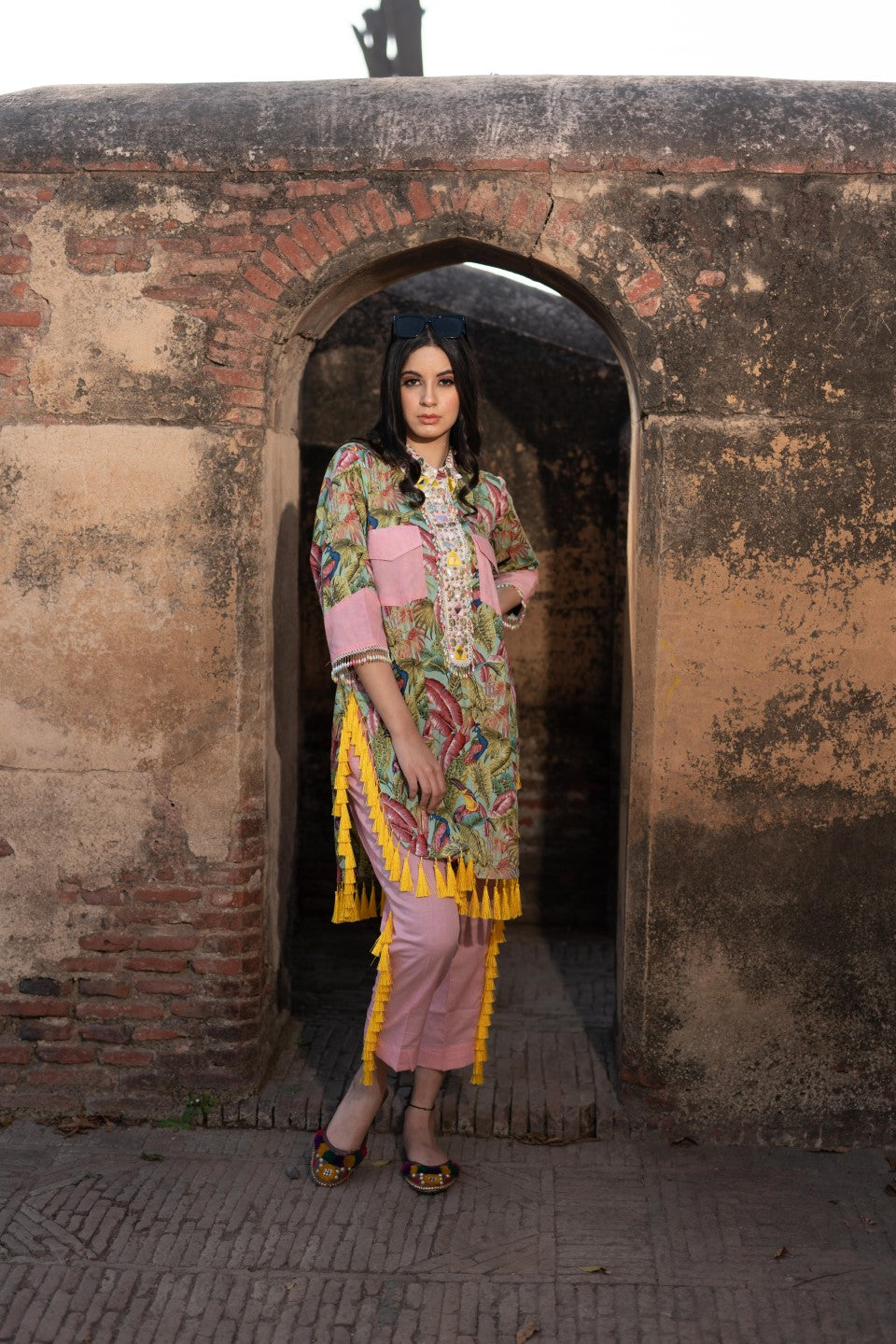 Tropical Print In Yellow/Pink Kurta Set