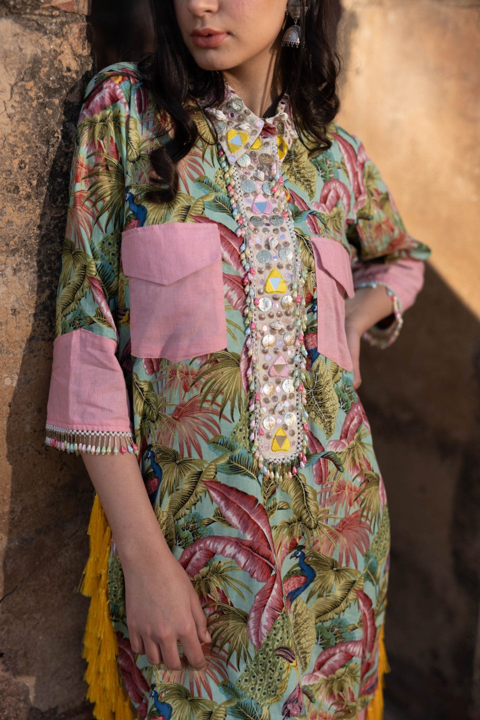 Tropical Print In Yellow/Pink Kurta Set