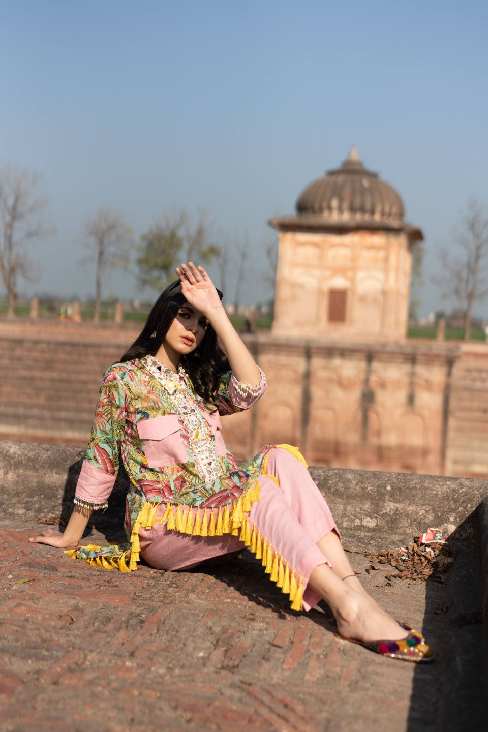Tropical Print In Yellow/Pink Kurta Set