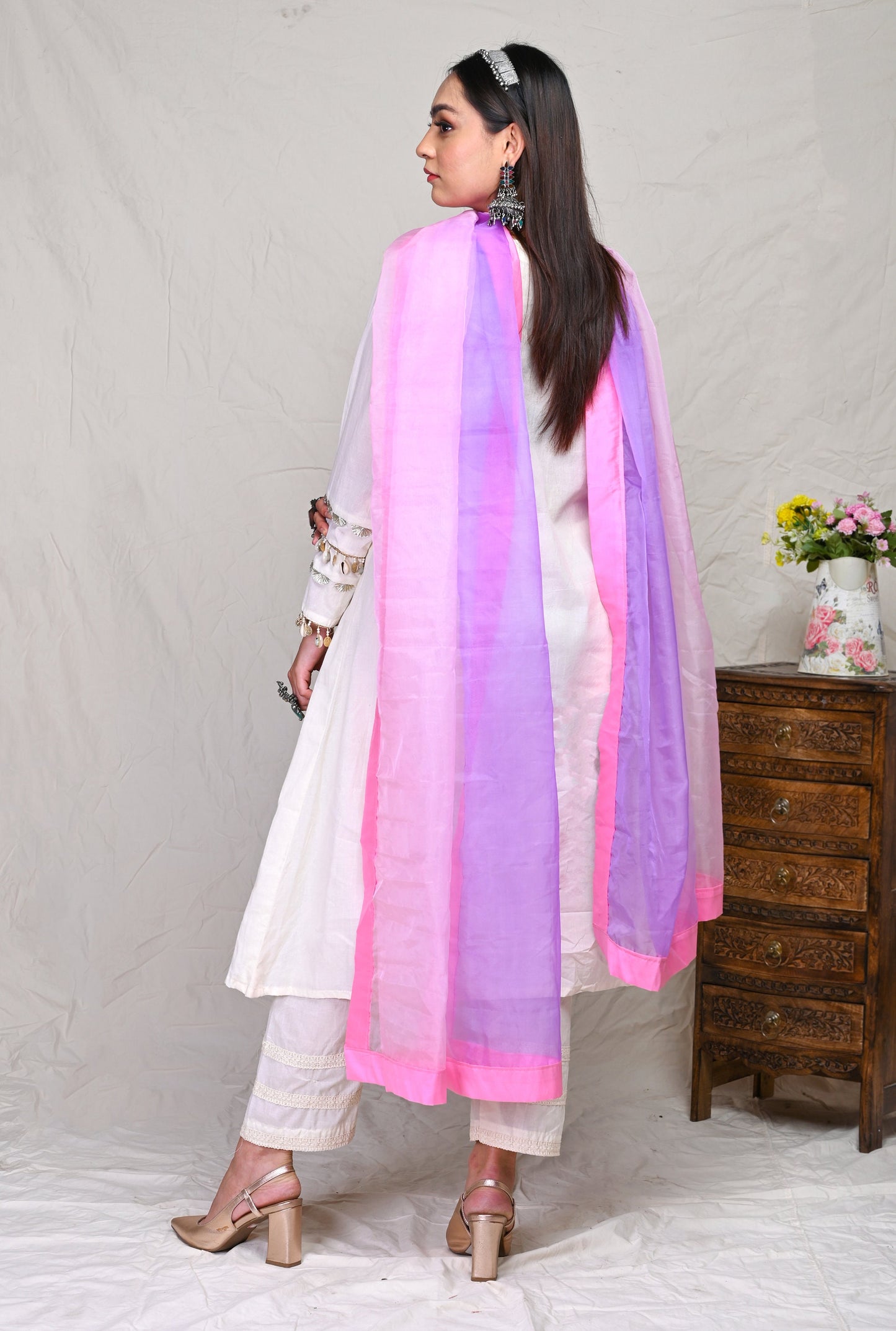 Gotta Embroidery Ivory White Indian Wear Kurta Set With Pink Dupatta