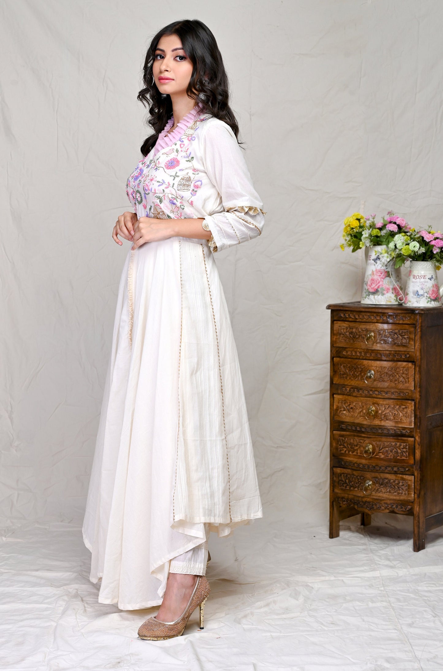 Ivory White Embroidery Indian Wear Kurta Set With Pink Dupatta
