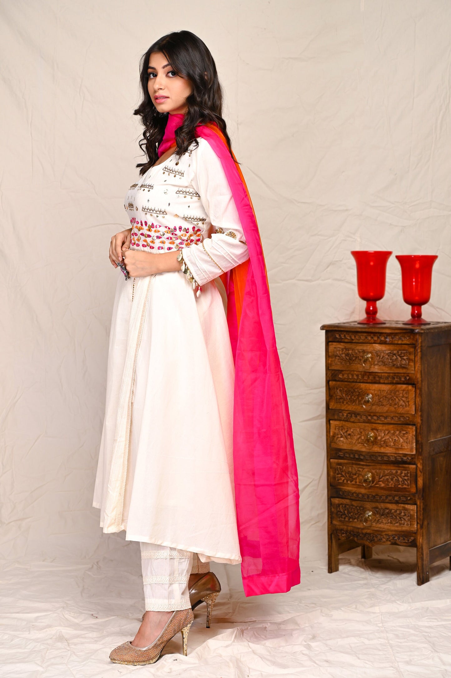 Ivory/White Cotton Sequence Embroidery Indian Wear Kurta Set With Orange & Pink Dupatta